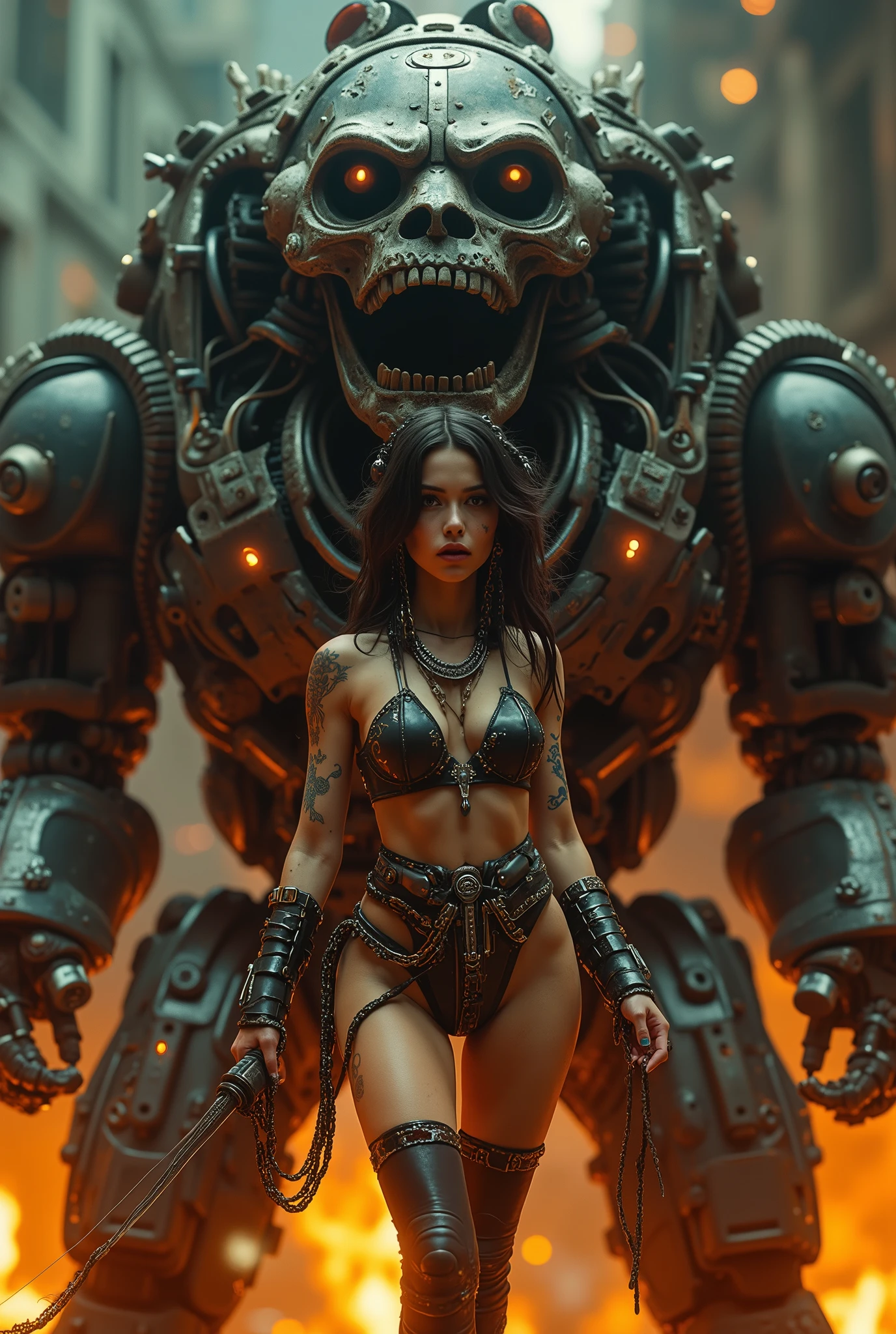 cinematographic photograph using rule of thirds and composition on planes Photo 3 / 4 takes over the entire body , beautiful and sexy naked woman , young Mexican woman of incomparable Latin beauty , top model, Elegant and sexy gothic nude with small breasts , fit ((chains)), dress made of chains, emerald eyes, penetrating look , Punk chain , punk belt , hair, nipples, full body shot, torn screen , torn and broken leather and lace , showing the skin of the body , with Aztec tattoos , con chains Picos y Muchas joyas de plata de huesos de plata , hair lacio oscuro, dreadlocks with purple tips , The Mayan headdress , She is armed with Macahuitl Xihucoatl and a wielding fiery sword, parts of rusty armor with Aztec motifs in bas-relief and some parts of bones , standing in attack position for the battle , brandishing the Xihucoatl of fire on the huge skull of a Quetzalcoatl , Behind it on one side and fully appreciated as a guardian there is a huge (huge) y alto robot mecha de piernas largas inspirado en los Atlantes de Tula y el dios azteca Tezcatlipoca y con armadura oscura con mucho oxido battle damage y partes destruidas, to show the mechanism composed of pistons , hoses, chains y luces, . In the apocalyptic Tenochtitlán destroyed , with fire and Aztec pyramids , por la noche, gloomy atmosphere, ethereal smoke emanating from her and the macahucerita , dark. Maya warrior , Robot Atlante de Tula . BATTLE POSES. battle damage. in the style of Ashley Wood a high level of style Racrufi . The two characters must be observed in their entirety in their entirety