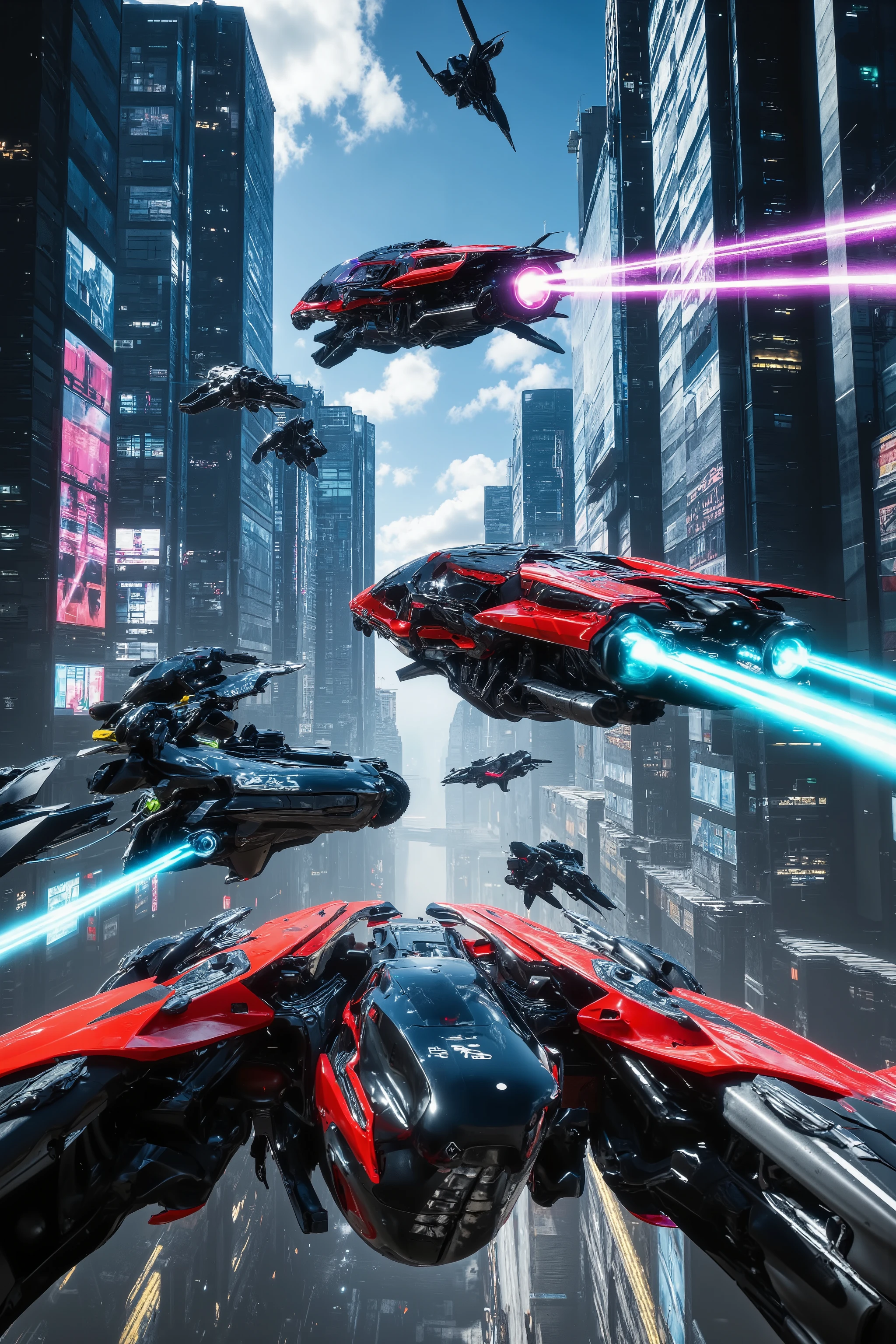 (best quality,4k,8k,highres,masterpiece:1.2), photorealistic,photo-realistic:1.37),highly detailed futuristic metropolis. Skyscrapers with media screens for windows. Hover cars, painted bright glossy red and super reflective black flying high and low leave trails of color behind as they chase each other. Speed lines. Motion lines. Hover bikes follow while dodging propellerless drones that litter the crystal clear sky. 3D, realism, cinematic photography, cinematic lighting, cinematic portrait, portrait photography, cinematography, full focus, UHDR, hyperrealistic, visually disorienting, hallucination inducing, optical illusions, startling, stunning images, awe-inspiringly, pixel assets, portrait photography, surrealism, etheral, futuristic, cyberpunk cityscape, futurism, highest quality, masterpiece.