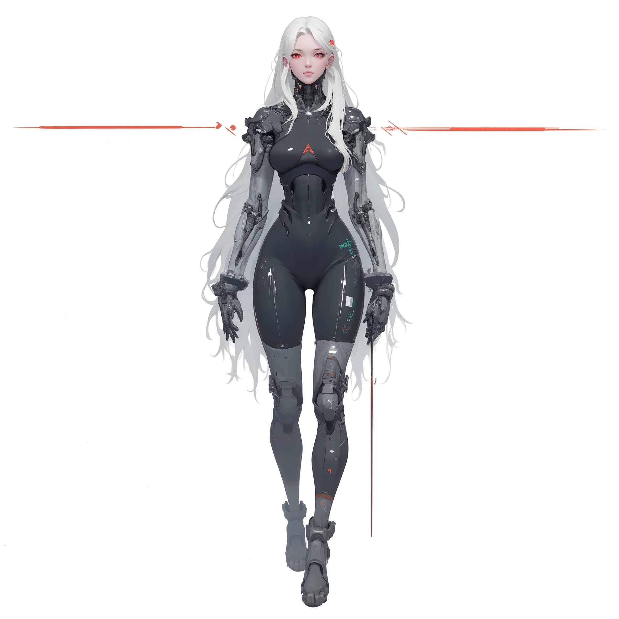 AI woman with cybernetic body black mechanics and darkgray plastic, very tall, with thick thighs, wide hips, long legs, high heel, and a slender waist. Dark red glowing eyes, long flowing white hair. Alluring, looking directly at the camera. Giant ultrafast dichroism and birefringence with an active nonlocal metasurface. Anime style, extreme detail, extreme photorealism, realistic lighting, shadows, and textures. 8K resolution with ray tracing. Isolated white background. Hyper-professional quality, extreme detail, perfect continuity, anatomically correct, flawless anatomy. Inspired by Baiōken Eishun and rayonism. Official art, character full size.