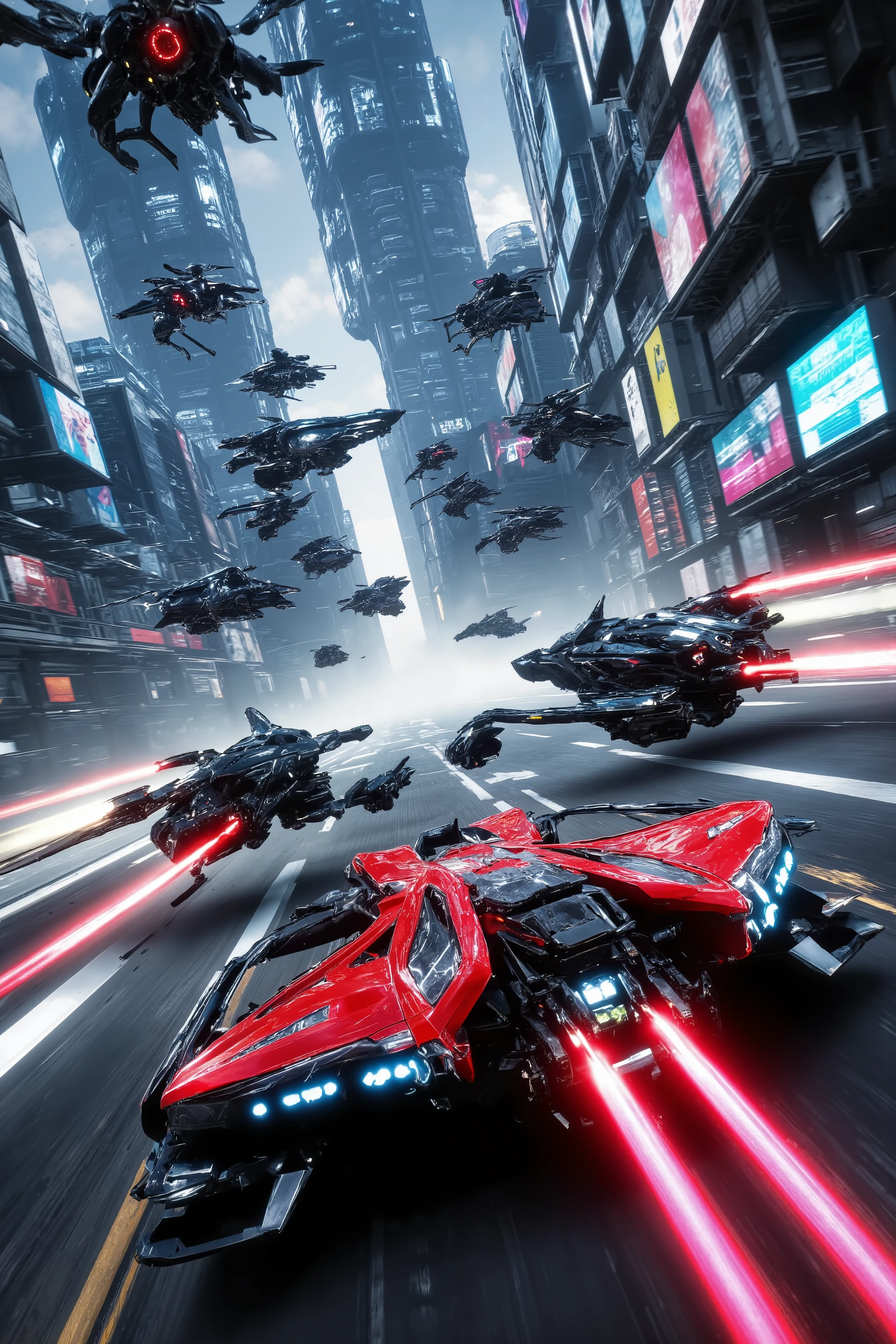 (best quality,4k,8k,highres,masterpiece:1.2), photorealistic,photo-realistic:1.37),highly detailed futuristic metropolis. Skyscrapers with media screens for windows. Hover cars, painted bright glossy red and super reflective black flying high and low leave trails of color behind as they chase each other. Speed lines. Motion lines. Hover bikes follow while dodging propellerless drones that litter the crystal clear sky. 3D, realism, cinematic photography, cinematic lighting, cinematic portrait, portrait photography, cinematography, full focus, UHDR, hyperrealistic, visually disorienting, hallucination inducing, optical illusions, startling, stunning images, awe-inspiringly, pixel assets, portrait photography, surrealism, etheral, futuristic, cyberpunk cityscape, futurism, highest quality, masterpiece.