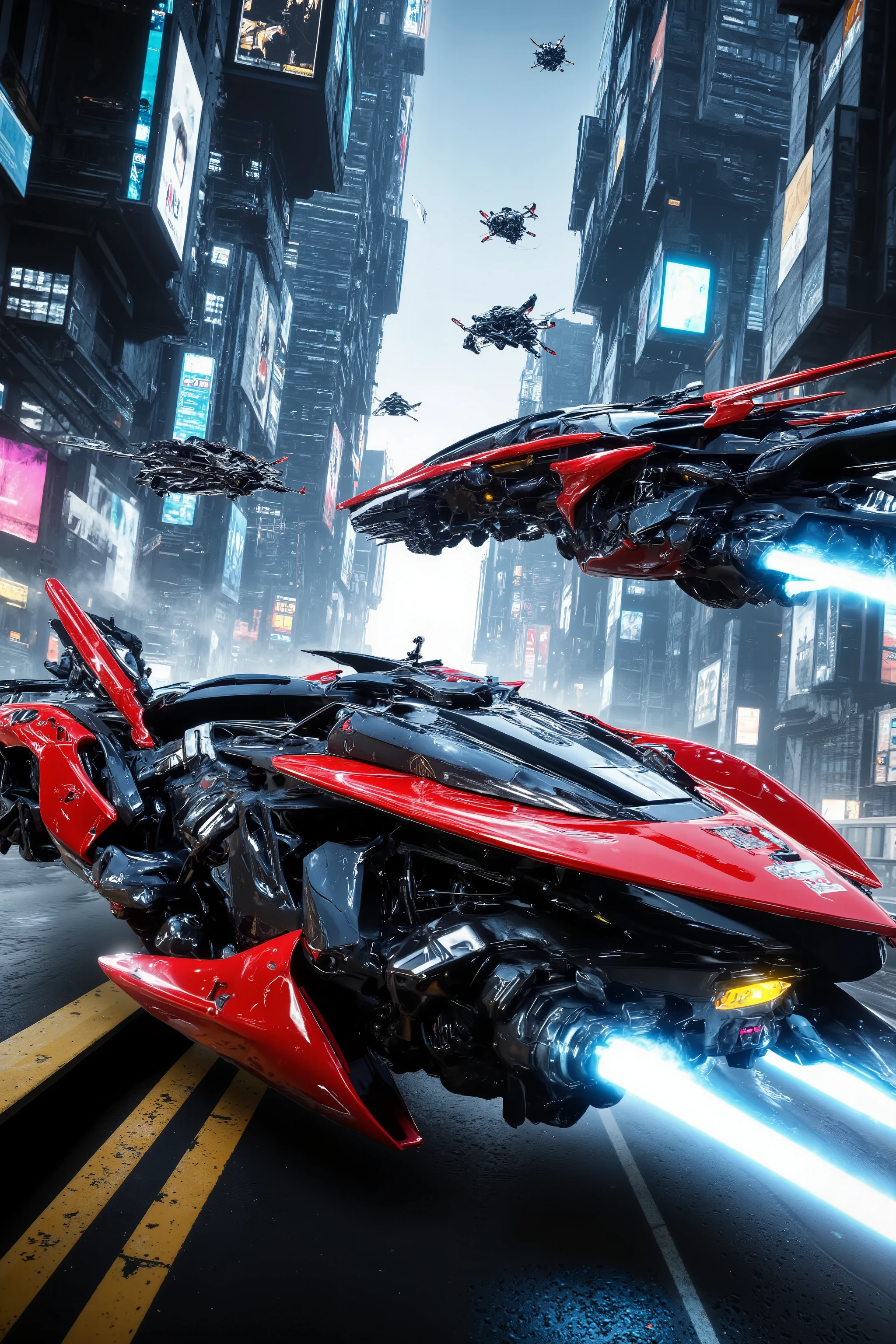 (best quality,4k,8k,highres,masterpiece:1.2), photorealistic,photo-realistic:1.37),highly detailed futuristic metropolis. Skyscrapers with media screens for windows. Hover cars, painted bright glossy red and super reflective black flying high and low leaving trails of color behind as they chase each other in high speed all over the cyber city. Dangerous looking iconic images. Sleek futuristic flying cars. Speed lines. Motion lines. Hover bikes follow while dodging propellerless drones that litter the crystal clear sky. 3D, realism, cinematic photography, cinematic lighting, cinematic portrait, portrait photography, cinematography, full focus, UHDR, hyperrealistic, visually disorienting, hallucination inducing, optical illusions, startling, stunning images, awe-inspiringly, pixel assets, portrait photography, surrealism, etheral, futuristic, cyberpunk cityscape, futurism, highest quality, masterpiece.