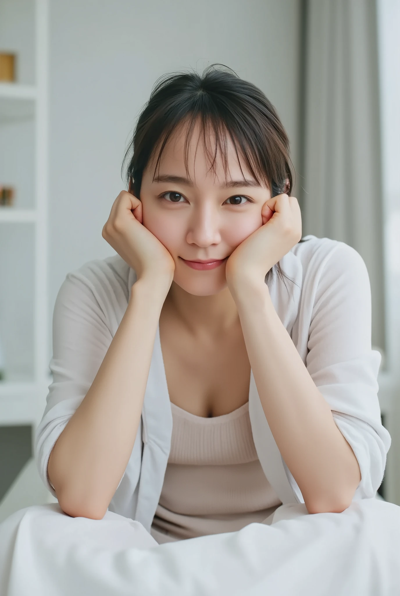 Shoot her at a low angle 、A young woman leaning forward and wearing a loose open shirt on a bare top, staring at the camera, showing her teeth, and putting her hands under her chin to show a natural smile is sitting on the couch。 features a loosely tied ponytail and soft bangs framing her face 。 A minimalist living room with a white sofa in the background、Clean and bright atmosphere 。 focus on her friendly and relaxed look 、 highlight features with natural light 。