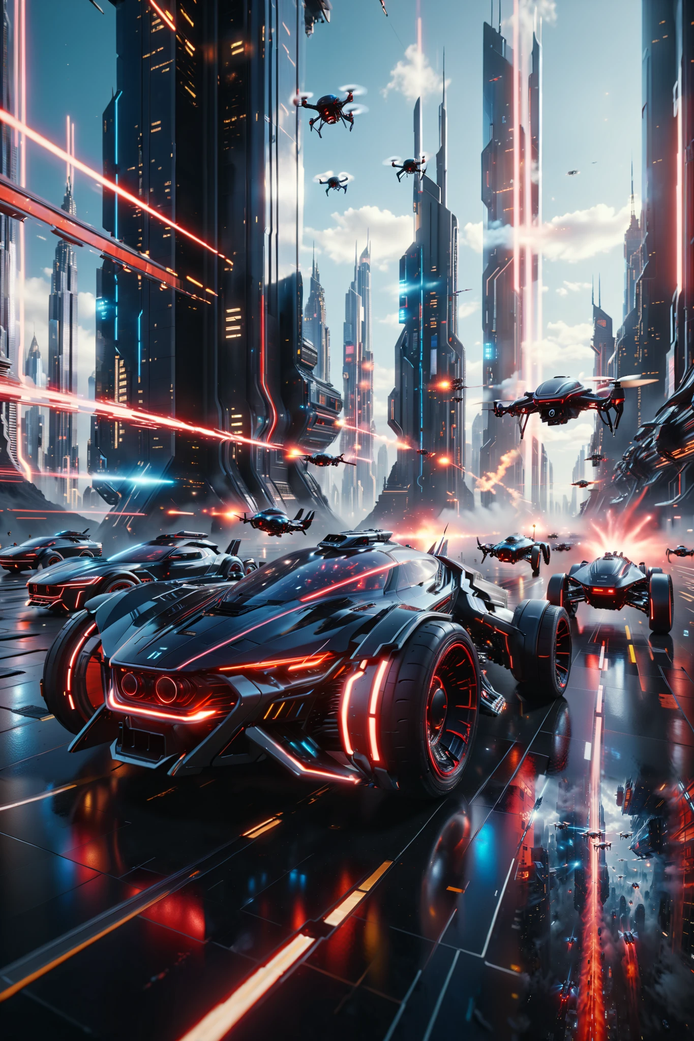 (best quality,4k,8k,highres,masterpiece:1.2), photorealistic,photo-realistic:1.37),highly detailed futuristic metropolis. Skyscrapers with media screens for windows. Hover cars, painted bright glossy red and super reflective black flying high and low leave trails of color behind as they chase each other. Speed lines. Motion lines. Hover bikes follow while dodging propellerless drones that litter the crystal clear sky. 3D, realism, cinematic photography, cinematic lighting, cinematic portrait, portrait photography, cinematography, full focus, UHDR, hyperrealistic, visually disorienting, hallucination inducing, optical illusions, startling, stunning images, awe-inspiringly, pixel assets, portrait photography, surrealism, etheral, futuristic, cyberpunk cityscape, futurism, highest quality, masterpiece.
