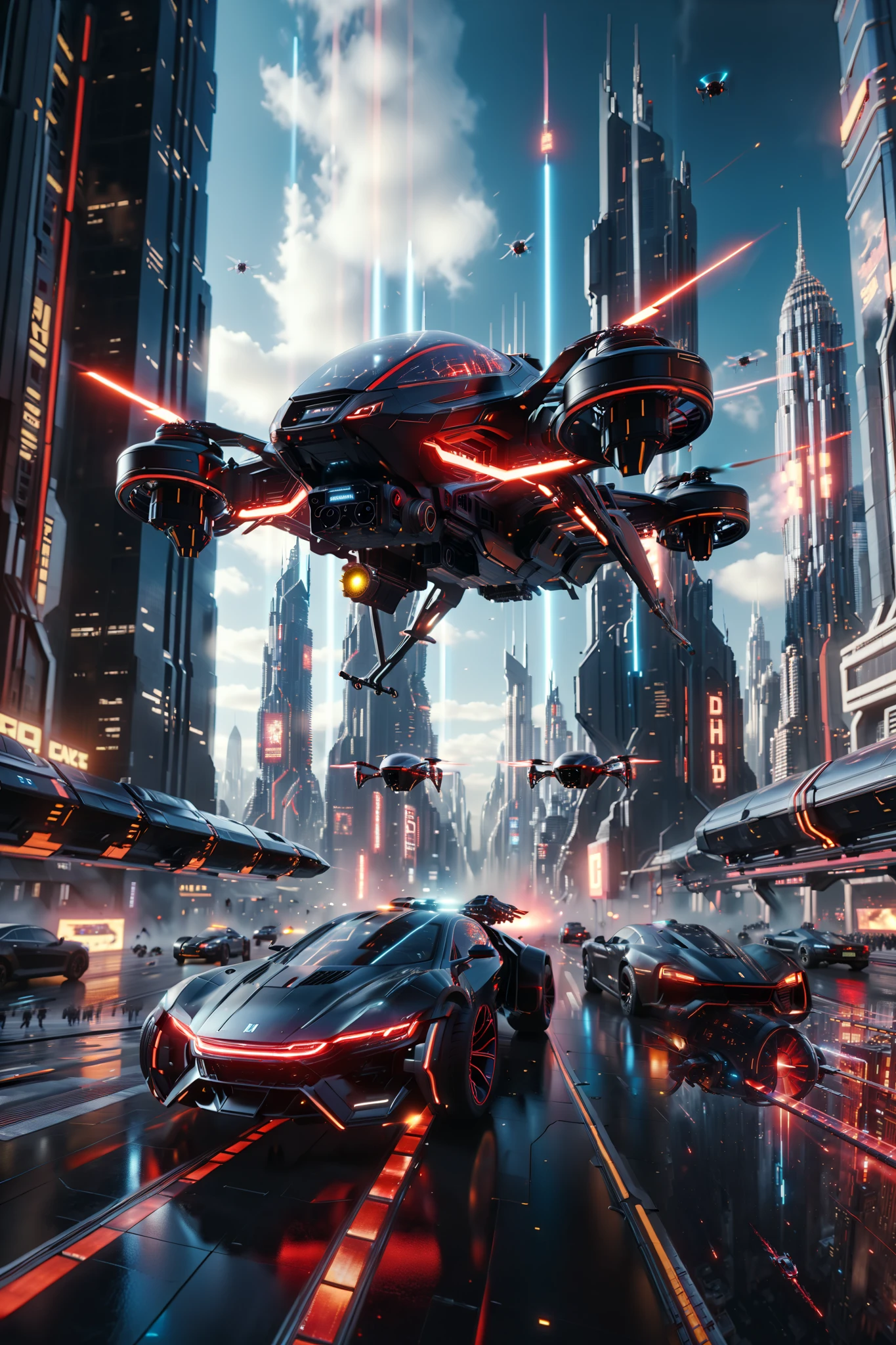 (best quality,4k,8k,highres,masterpiece:1.2), photorealistic,photo-realistic:1.37),highly detailed futuristic metropolis. Skyscrapers with media screens for windows. Hover cars, painted bright glossy red and super reflective black flying high and low leave trails of color behind as they chase each other. Speed lines. Motion lines. Hover bikes follow while dodging propellerless drones that litter the crystal clear sky. 3D, realism, cinematic photography, cinematic lighting, cinematic portrait, portrait photography, cinematography, full focus, UHDR, hyperrealistic, visually disorienting, hallucination inducing, optical illusions, startling, stunning images, awe-inspiringly, pixel assets, portrait photography, surrealism, etheral, futuristic, cyberpunk cityscape, futurism, highest quality, masterpiece.