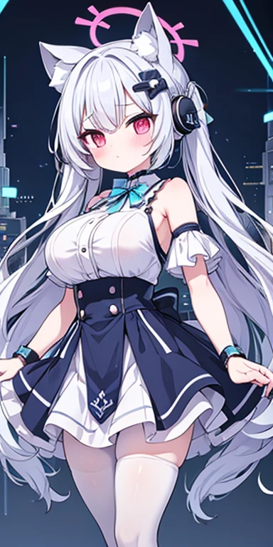 shiroko_bluearchive, big breasts,(young :1.3),Bunny Girl,Long hair,White rabbit tail,expose her nipples,white rabbit ears,Off-shoulder,Bare shoulders,sleeveless,red ribbon tie,White渔网袜,Nightclub,White light,light and shadow,In the crowd,Enjoy face,Full face blush,Smile,White