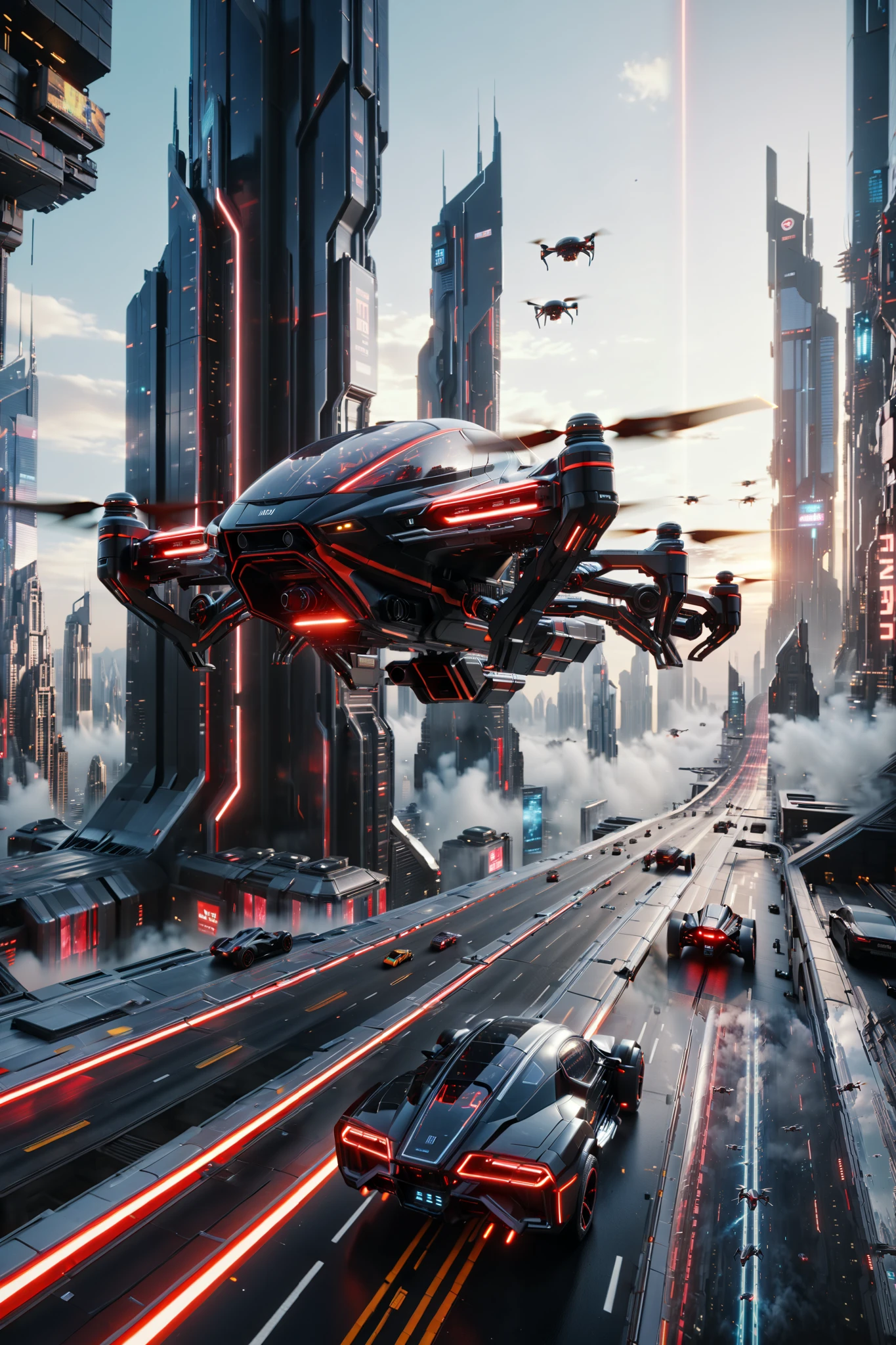 (best quality,4k,8k,highres,masterpiece:1.2), photorealistic,photo-realistic:1.37),highly detailed futuristic metropolis. Skyscrapers with media screens for windows. Hover cars, painted bright glossy red and super reflective black flying high and low leave trails of color behind as they chase each other. Speed lines. Motion lines. Hover bikes follow while dodging propellerless drones that litter the crystal clear sky. 3D, realism, cinematic photography, cinematic lighting, cinematic portrait, portrait photography, cinematography, full focus, UHDR, hyperrealistic, visually disorienting, hallucination inducing, optical illusions, startling, stunning images, awe-inspiringly, pixel assets, portrait photography, surrealism, etheral, futuristic, cyberpunk cityscape, futurism, highest quality, masterpiece.