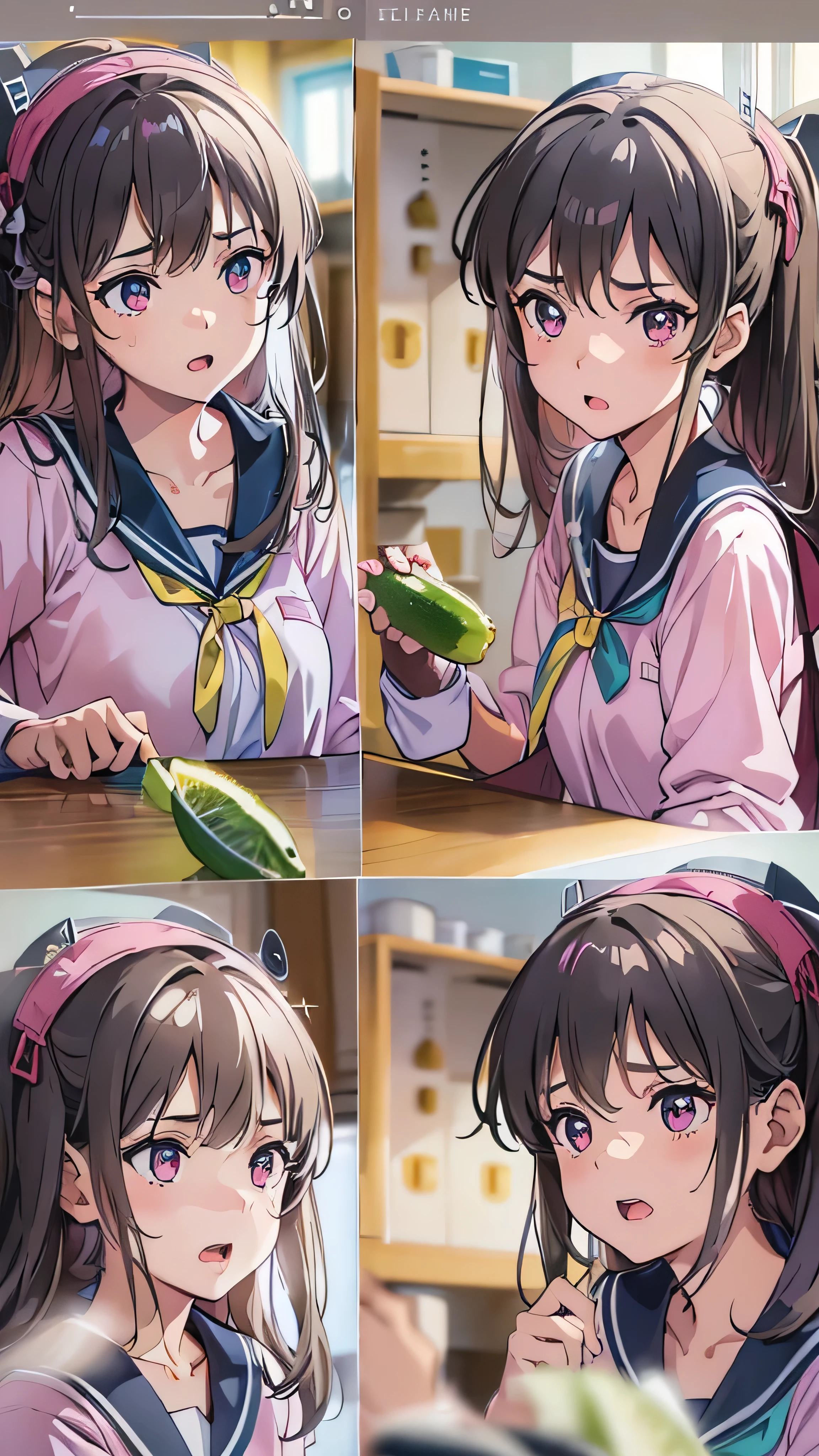 (Sirame:1.5), slender, masterpiece, best quality, high school girl , school classroom、 photorealistic, Face Details , Beautiful girl holding a cucumber, is cute , short and messy hair ,Full body high definition picture、 depth of field, high resolution, ultra details , Fine section, high definition , high definition eyes and face, sharp pupils, realistic pupil, sharp concentration on that detail, cinematic lighting, sailor suit , sit on your legs with your knees bent , , large loose shirt , A girl who can see her shoulders, pink shirt、 black skirt 。