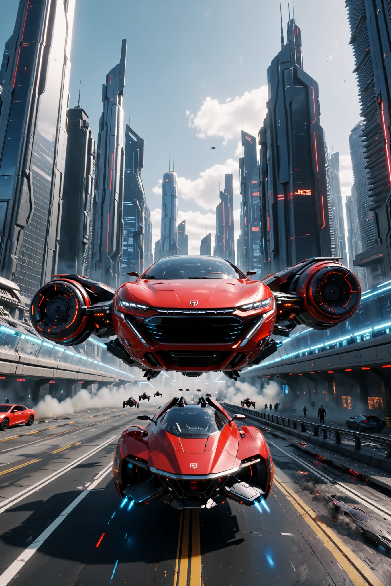 (best quality,4k,8k,highres,masterpiece:1.2), photorealistic,photo-realistic:1.37),highly detailed futuristic metropolis. Skyscrapers with media screens for windows. Hover cars, painted bright glossy red and super reflective black flying high and low leave trails of color behind as they chase each other. Speed lines. Motion lines. Hover bikes follow while dodging propellerless drones that litter the crystal clear sky. 3D, realism, cinematic photography, cinematic lighting, cinematic portrait, portrait photography, cinematography, full focus, UHDR, hyperrealistic, visually disorienting, hallucination inducing, optical illusions, startling, stunning images, awe-inspiringly, pixel assets, portrait photography, surrealism, etheral, futuristic, cyberpunk cityscape, futurism, highest quality, masterpiece.