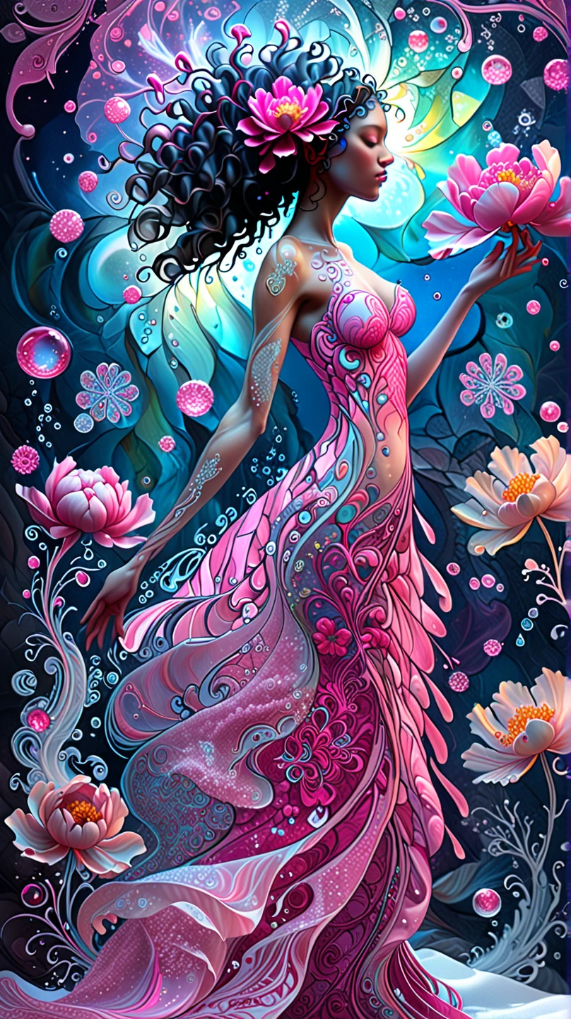 the goddess of lust, beautiful, sexy, hot spring gardens, stars, cosmos, fractal art, (art inspired by Bill Sienkiewicz). oil painting) (best quality,4k,8k,highres,masterpiece:1.2),ultra-detailed,(realistic,photorealistic,photo-realistic:1.37),intricate details,vivid colors,sharp focus,professional,Dave McKean artwork, oil touch of surrealism,oil painting style, fractal art