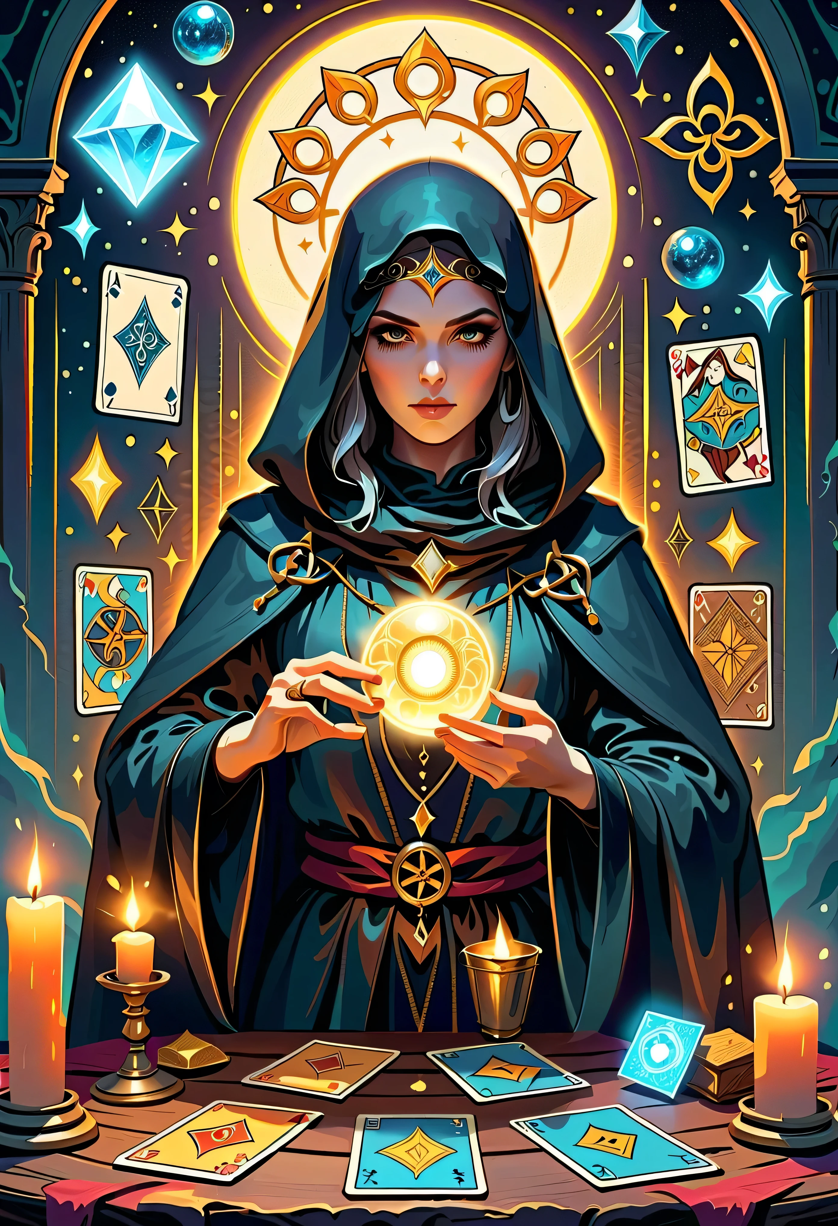 Fortune Teller,Metal photo frame,card,tarot cards:1.37.Mysterious fortune teller in cloak,eldenger taps an array of tarot cards in the air,Mystical symbols and elements,Ancient mysterious atmosphere,Realistic illustration details,A composition full of vitality and energy,Dark Style,Gothic style