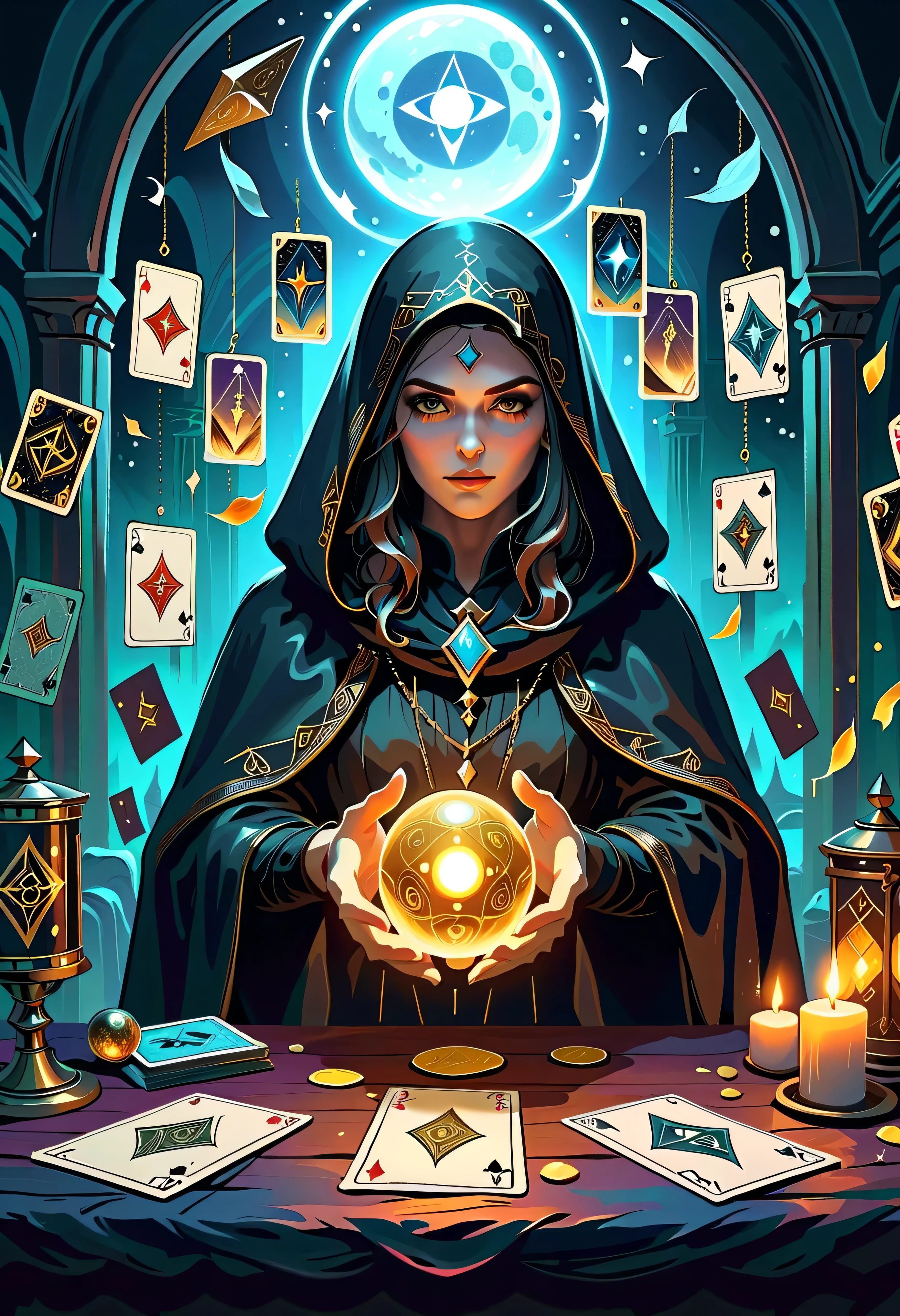 Fortune Teller,Metal photo frame,card,tarot cards:1.37.Mysterious fortune teller in cloak,eldenger taps an array of tarot cards in the air,Mystical symbols and elements,Ancient mysterious atmosphere,Realistic illustration details,A composition full of vitality and energy,Dark Style,Gothic style