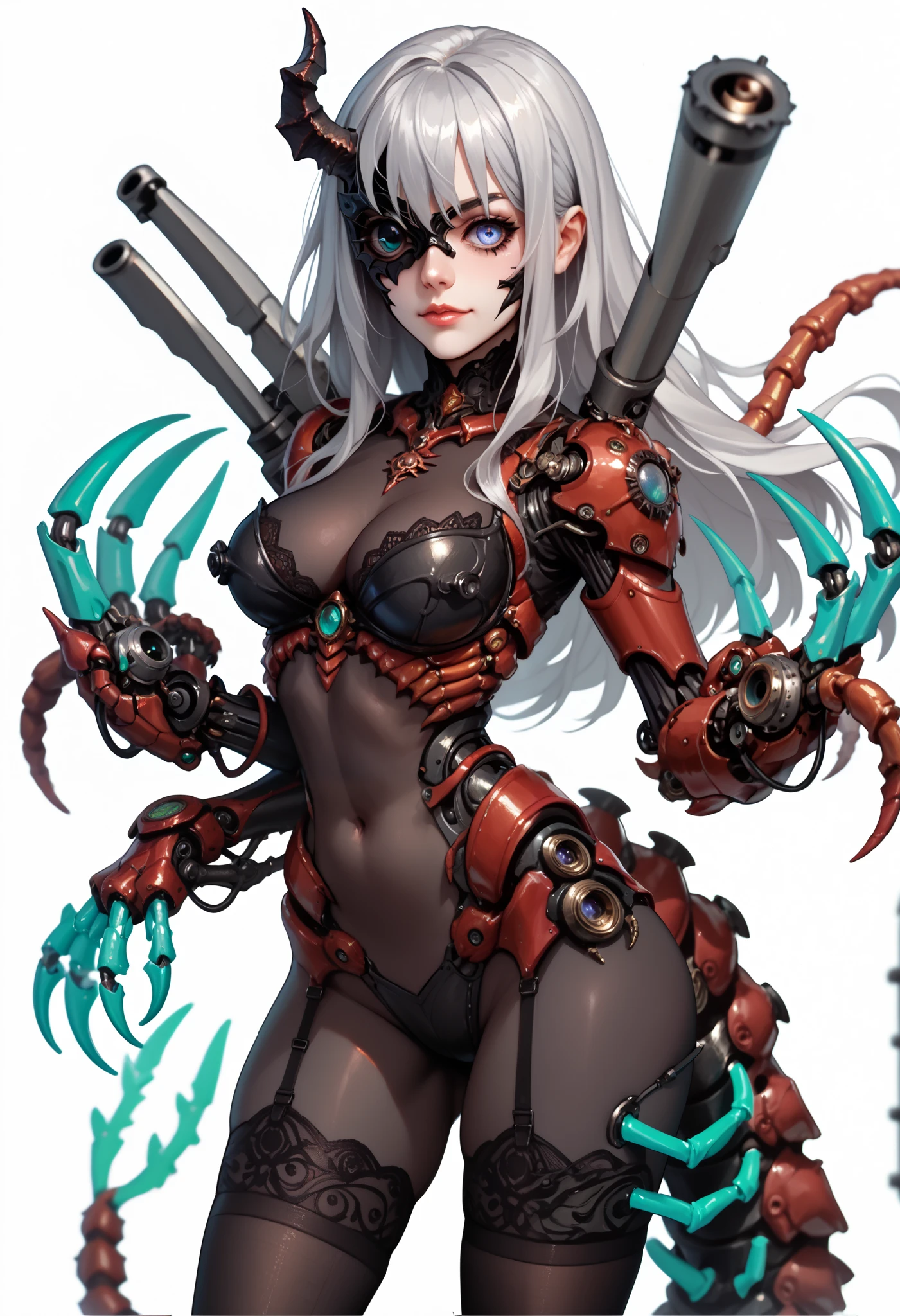 One woman. Body stockings. Silver hair. Long hair. Yandere. Mask covering half of face. Mask with horns. Centipede tail. Black armor. Large mechanical hands. Sharp claws. Military. Cannon. White background.