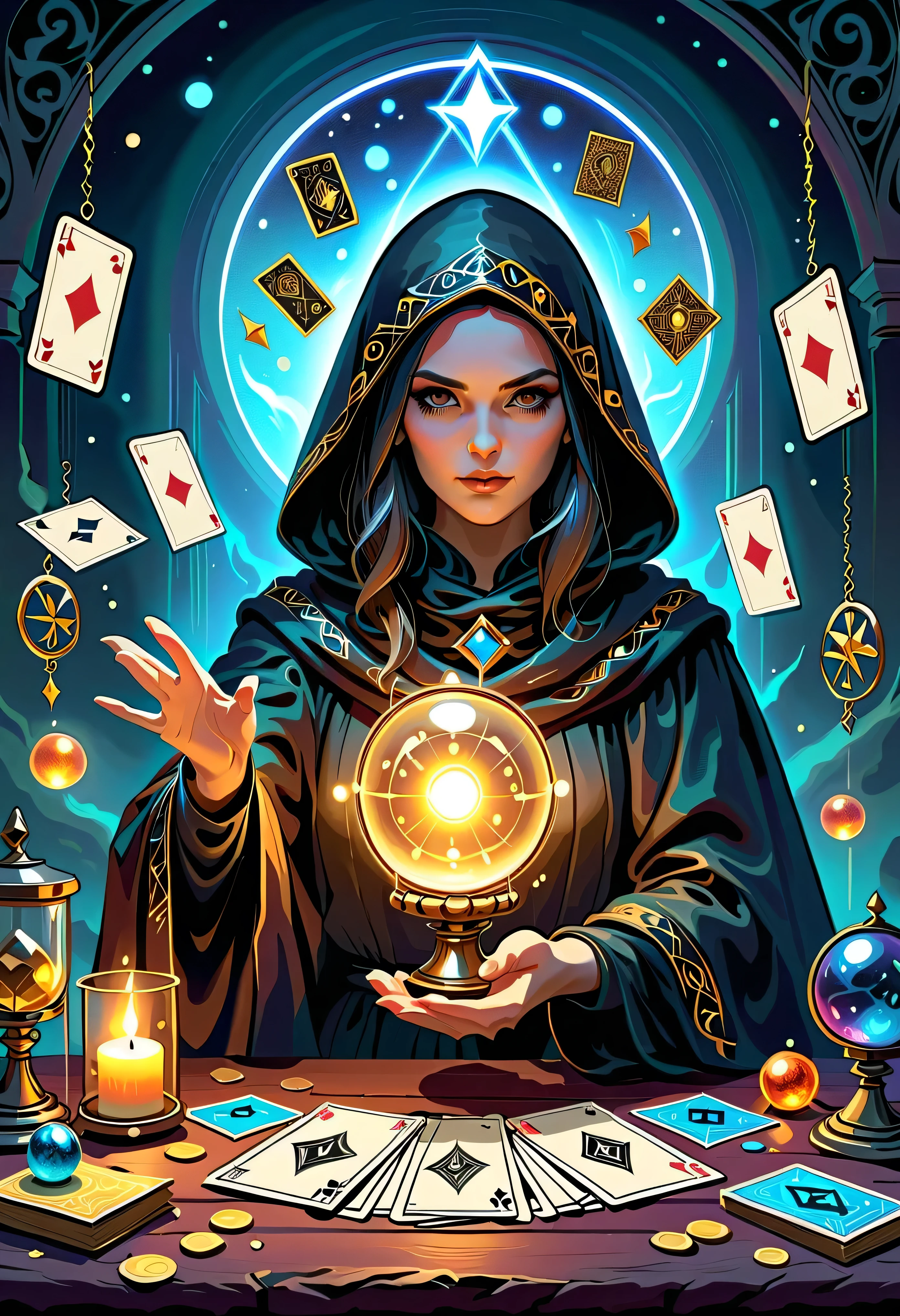 Fortune Teller,Metal photo frame,card,tarot cards:1.37.Mysterious fortune teller in cloak,eldenger taps an array of tarot cards in the air,Mystical symbols and elements,Ancient mysterious atmosphere,Realistic illustration details,A composition full of vitality and energy,Dark Style,Gothic style