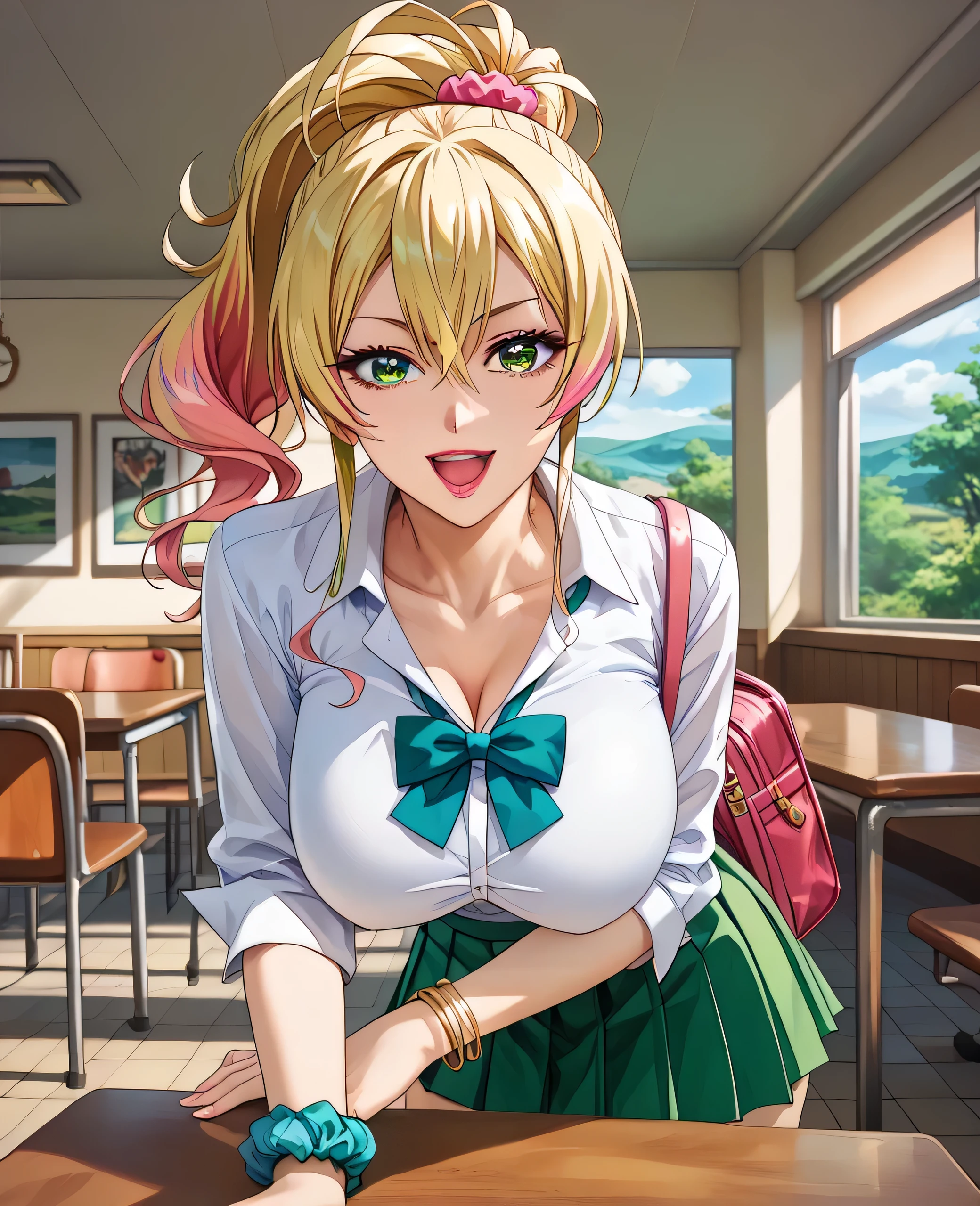 Yukana Yame, Yukana Yame, yameyu, long hair, bangs, blonde hair, hair between eyes, (green eyes:1.5), ponytail, colorful hair, Scrunchie, High ponytail, Lipstick, gal, Kogal, compensate,break skirt, shirt, jewelry, , clavicle, white shirt, pleated skirt, collared shirt, mini skirt, bracelet, green skirt,naughty big breasts、big and full breasts、break looking at viewer, whole body,break (table top:1.2), highest quality, High resolution, unity 8k wallpaper, (figure:0.8), (beautiful and fine eyes:1.6), highly detailed face, perfect lighting, Highly detailed CG, (perfect hands, perfect anatomy),smile with open mouth、(skirt lift:1.3), (thong:1.3)、(skirt that rolls up:1.3)、(fully exposed thong:1.5)、outdoor、outside the house、Arms crossed in front of you,hanging a bag from one's shoulder