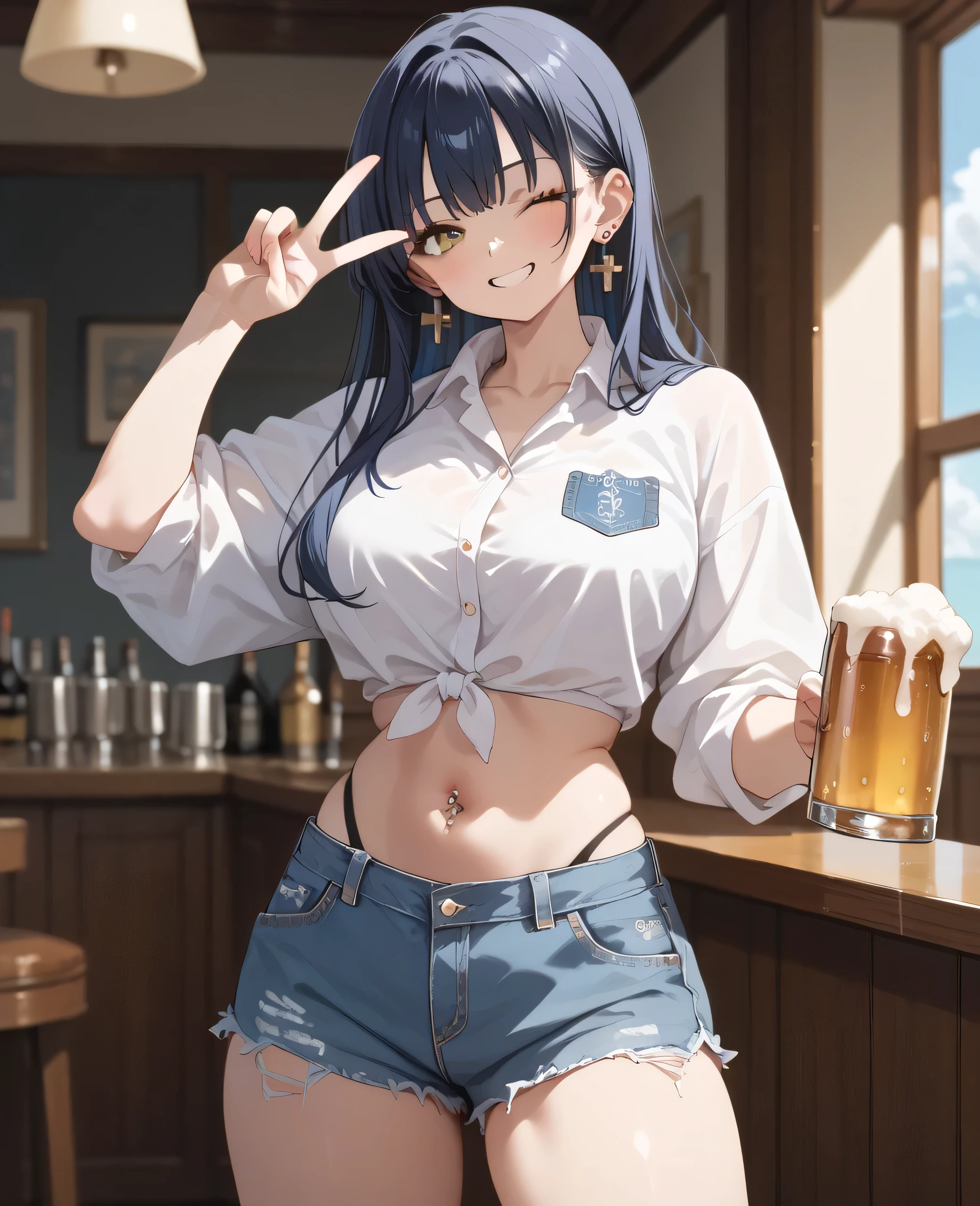 Beach Yamada_Anna gyaru gal 20 years old dark blue hair long hair brown eyes earrings ear piercing multicolored hair super beautiful shorts high leg Big Breasts navel piercing smile Wink peace sign close to face Hold a beer mug in one hand