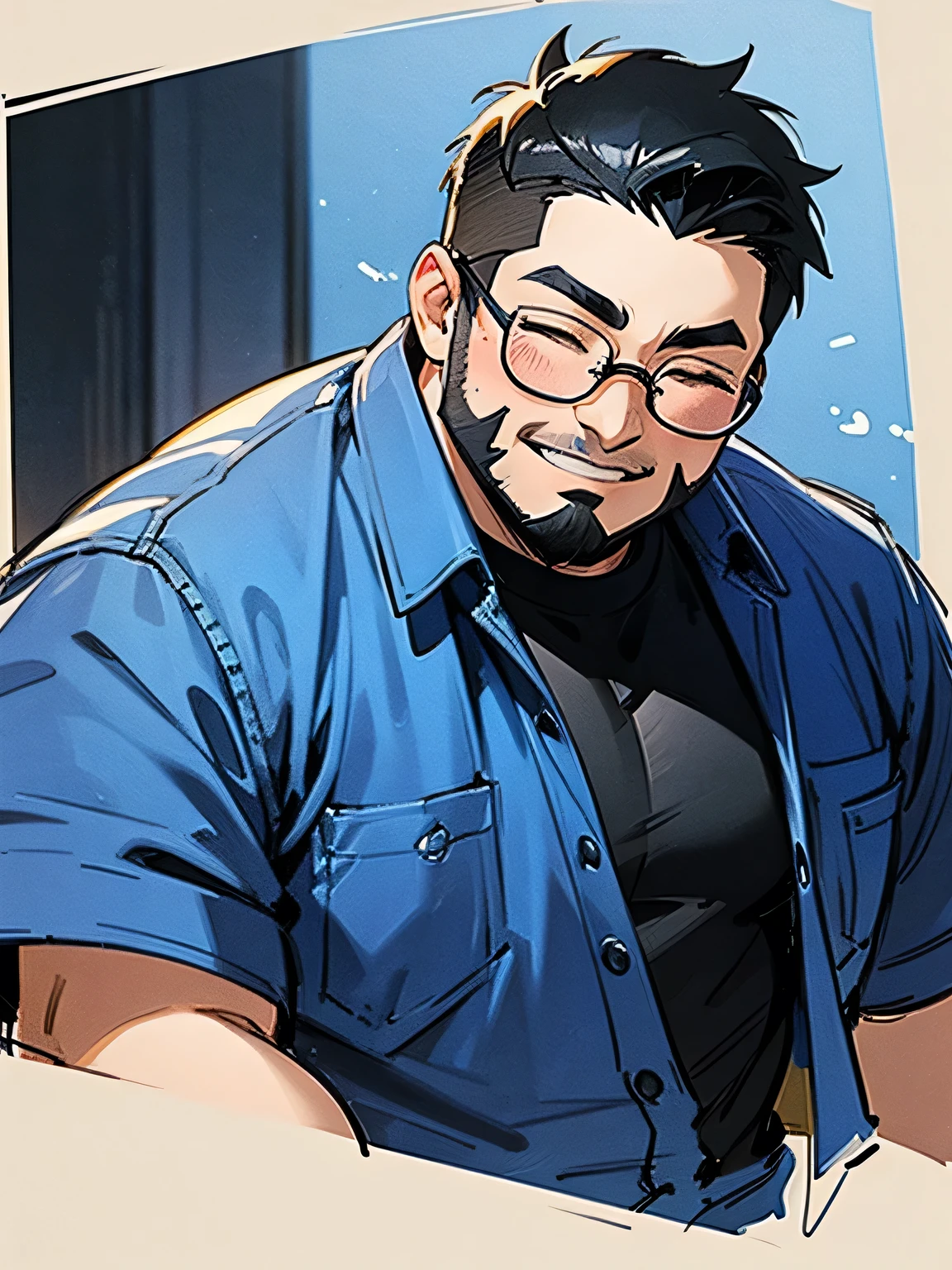 Alone,upperbody,Tall fat geek with glasses , very short black hair,big forehead,I'm wearing a bulging jacket with sideburns connected to my beard ,closed eyes smile,Fat body,膨らんだジャケットを着ている,I'm wearing a black t-shirt,Dark blue jeans,( manga style),(sketch),( illustration),