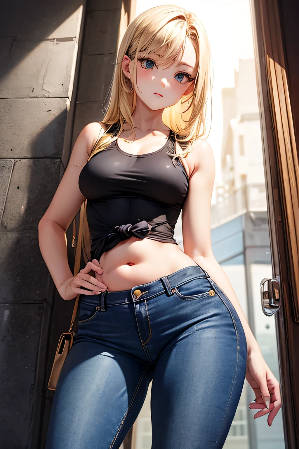 A beautiful sexy woman, blond hair, taking off the blouse, denim shorts, flawless, well designed 
