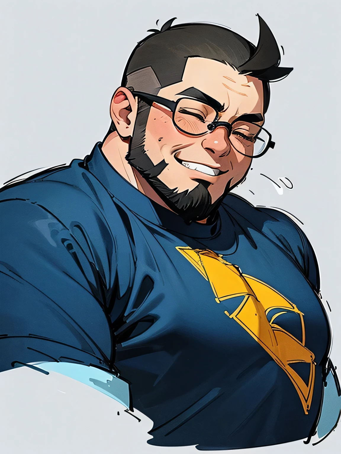 front view,Alone,upperbody,Tall fat geek with glasses , very short bald head ,big forehead, sideburns and a full beard are connected,closed eyes smile,Fat body,Wearing a bulging jacket ,The outline of a gorilla ,I'm wearing a black t-shirt,Dark blue jeans,( manga style),(sketch),( illustration),