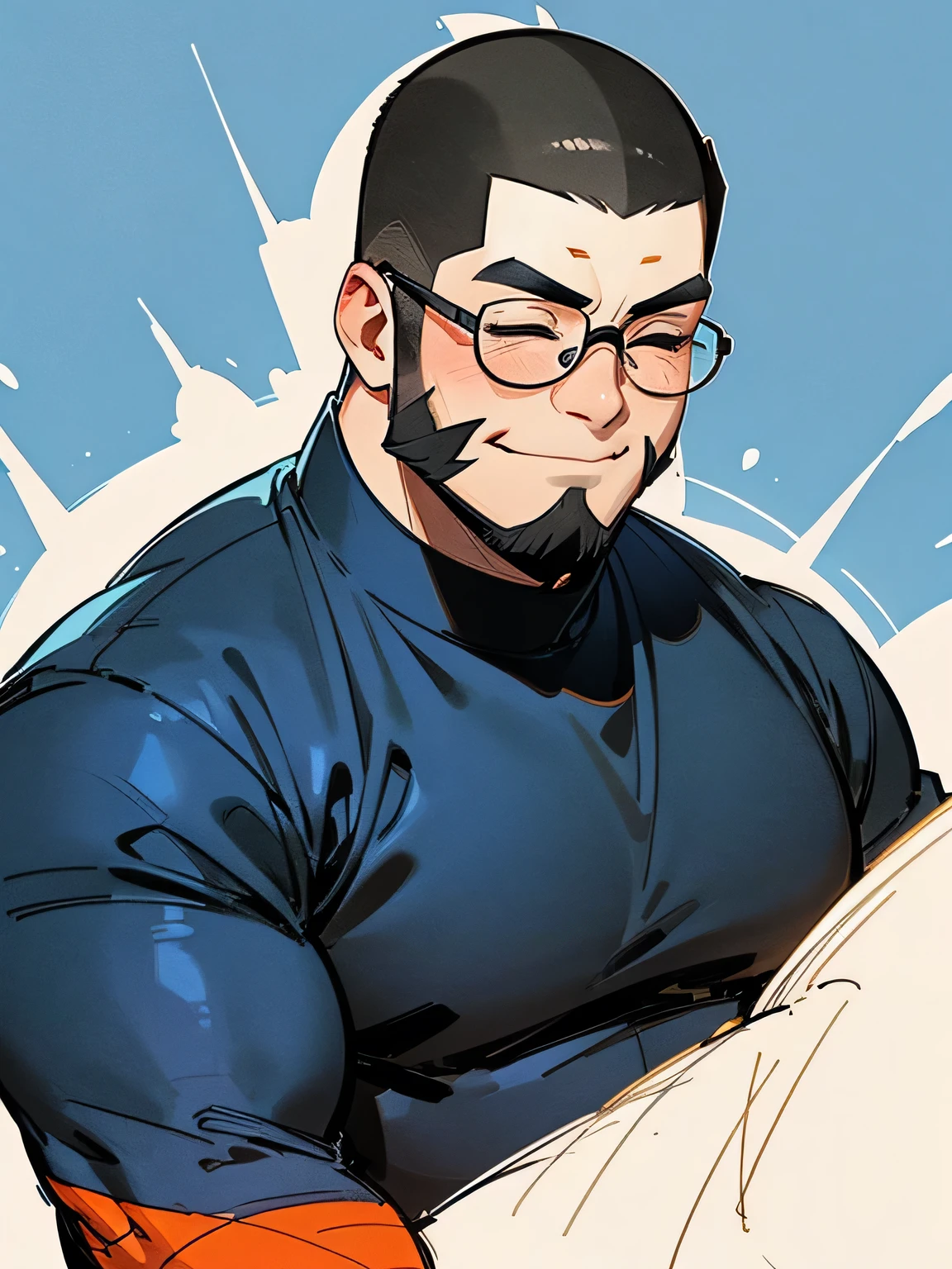 front view,Alone,upperbody,Tall fat geek with glasses , very short bald head ,big forehead, sideburns and a full beard are connected,closed eyes smile,Fat body,Wearing a bulging jacket ,The outline of a gorilla ,I'm wearing a black t-shirt,Dark blue jeans,( manga style),(sketch),( illustration),