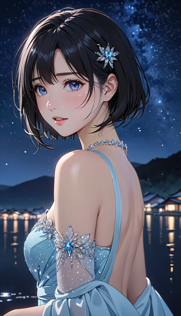 National Science Foundation,masterpiece,High resolution,8K,Art,digit,Kyoto Animation Style,your name movie style,Facing the camera,night,midnight,Soft Light,Glowing skin,(1 female: 1.3),(alone: 1.4),(((Black hair))),(Gorgeous,Sparkling black lace bra),(Swarovski crystals on black lace bra),(Gorgeous lace over-the-knee socks),(crystal hairpin),(black crystal necklace),(black crystal earrings),Long eyelashes,short bob,sexy pose,Full body image,nightstarry sky,Eyes as deep as the starry sky,Blushed,shy,shy,open mouth,(((cry))),(((shed tears)))