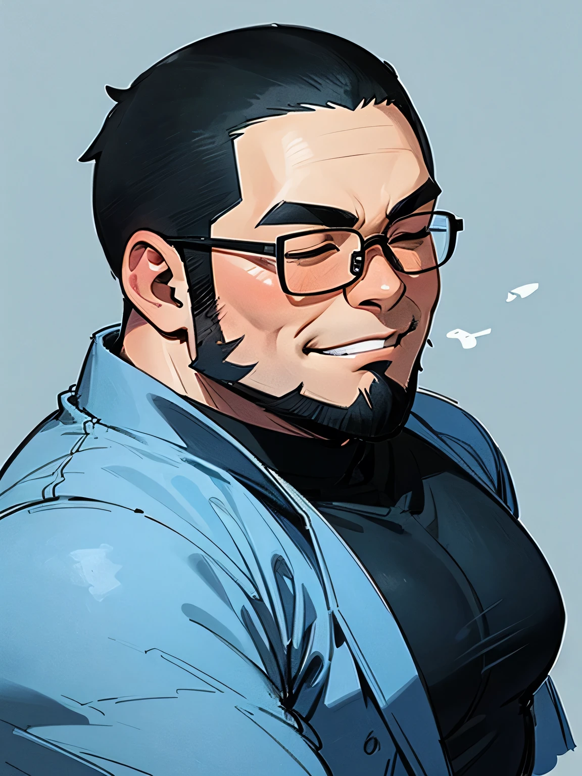 front view,Alone,upperbody,Tall fat geek with glasses , very short bald head ,big forehead, sideburns and a full beard are connected,closed eyes smile,Fat body,Wearing a bulging jacket ,The outline of a gorilla ,I'm wearing a black t-shirt,Dark blue jeans,( manga style),(sketch),( illustration),