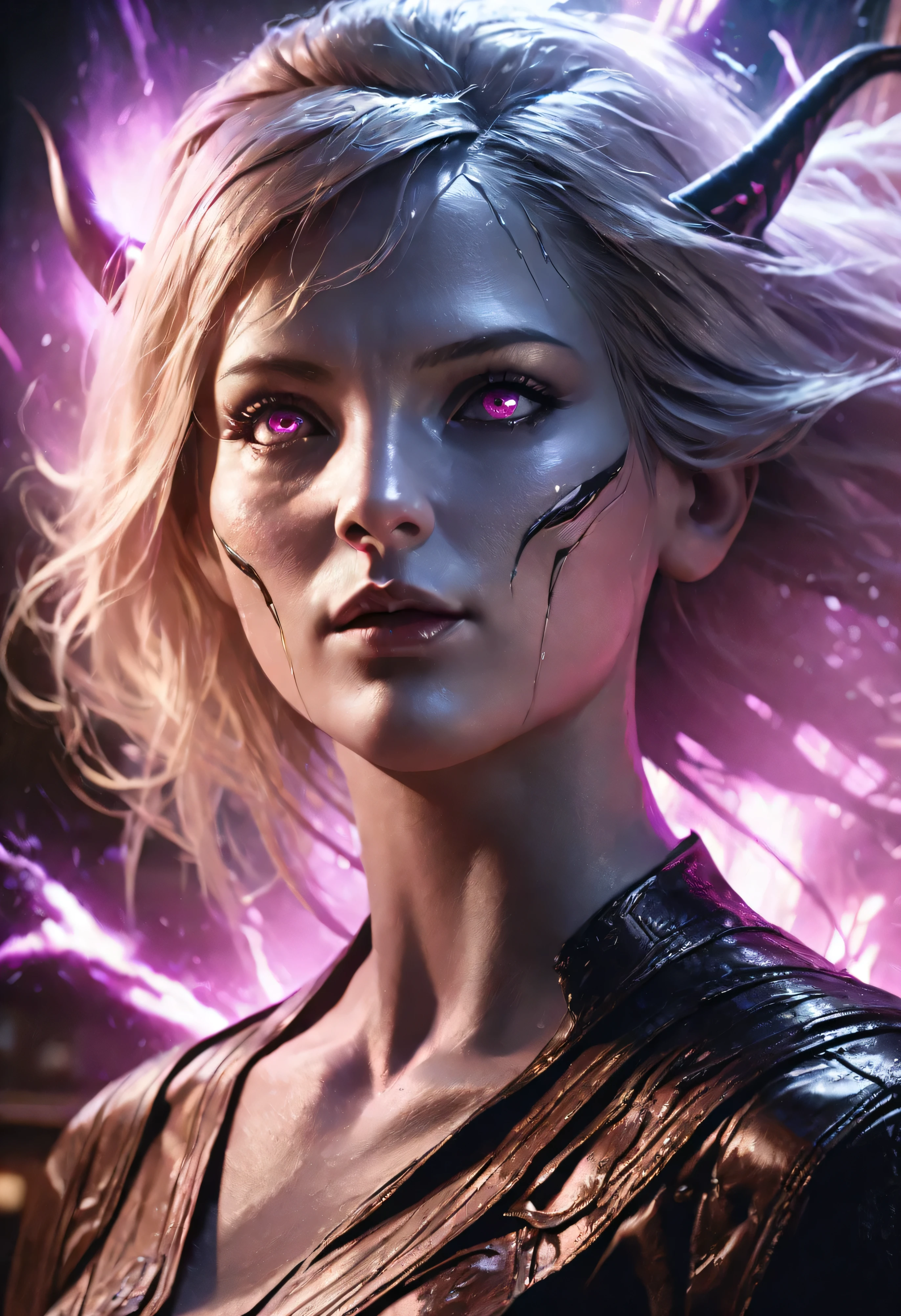 a humanoid lizard creature with horns, beautiful detailed eyes, beautiful detailed lips, extremely detailed face, long white hair, purple and white skin, floating in the air, powerful energy aura, futuristic sci-fi background, cinematic lighting, dramatic atmosphere, (best quality,4k,8k,highres,masterpiece:1.2),ultra-detailed,(realistic,photorealistic,photo-realistic:1.37),digital art, concept art