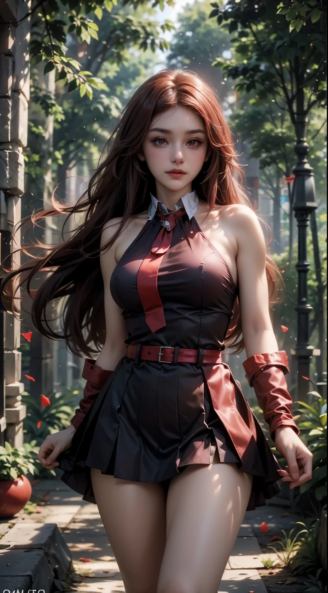 Potrait of an woman, potrait of a very beautiful woman, (((cowboy shot))), photography with Fujifilm XT3, depth of field, film grain, female focus, Akame/(Akame ga Kill/), anime style, (((standing up)))!!!, (standing up on the center of church), greatest church windows, ultra light, looks at the camera with beautiful red eyes, Ultra detailed eyes, (((Beautiful Red pupil eye's like Ruby :1.40)))!!!, Stars in her fixed eyes, (((homochromatic eyes)))!!!, seductive smile, beautiful smile, gorgeous smile, (Blush)!! Perfect nose, Cute little nose, Earrings, beatiful face, Face Clean, Skin, hyper realistic, Incredibly detailed face, hyper detailed face, A face with a lot of detail, Perfect eye shadow, wink, Hyper-Detailed Eyes, Hyper-detailing of eyebrows, Hyper-detailed eyelashes, black hair between eyes, black hair bangs, (ultra shine black hair)!!, (straight hair)!!, ((dynamic composition)), ((Bare Shoulders))!!, detached sleeves, (((wear black school uniform with black miniskirt)))!!!, black miniskirt with red belt, ((red belt))!, detailed realistic clothes, neck garter, ((red tie)), seductive armpit, plump breasts, (plump breast covered with detailed thin black lace)!!, /(((both hands unravel hair/)))!!, ultra seductive temptation, open skirt, slim legs, petticoat, fishnet legs, stockigs, smooth thighs cleavage, garter thighs, leather shoe, erotic, Best Quality, Masterpiece, Ultra-detailed, Beautiful, hight resolution, Original, CG 8K, perfect photo, dramatic lighting, (Realistic) Realistic, Full HD, Best Quality, Best Quality, Beautiful lighting, (8k wallpaper of extremely detailed CG unit), High Details, sharp-focus, The art of dramatic and photorealistic painting, ((Inside of church)), dynamic composition