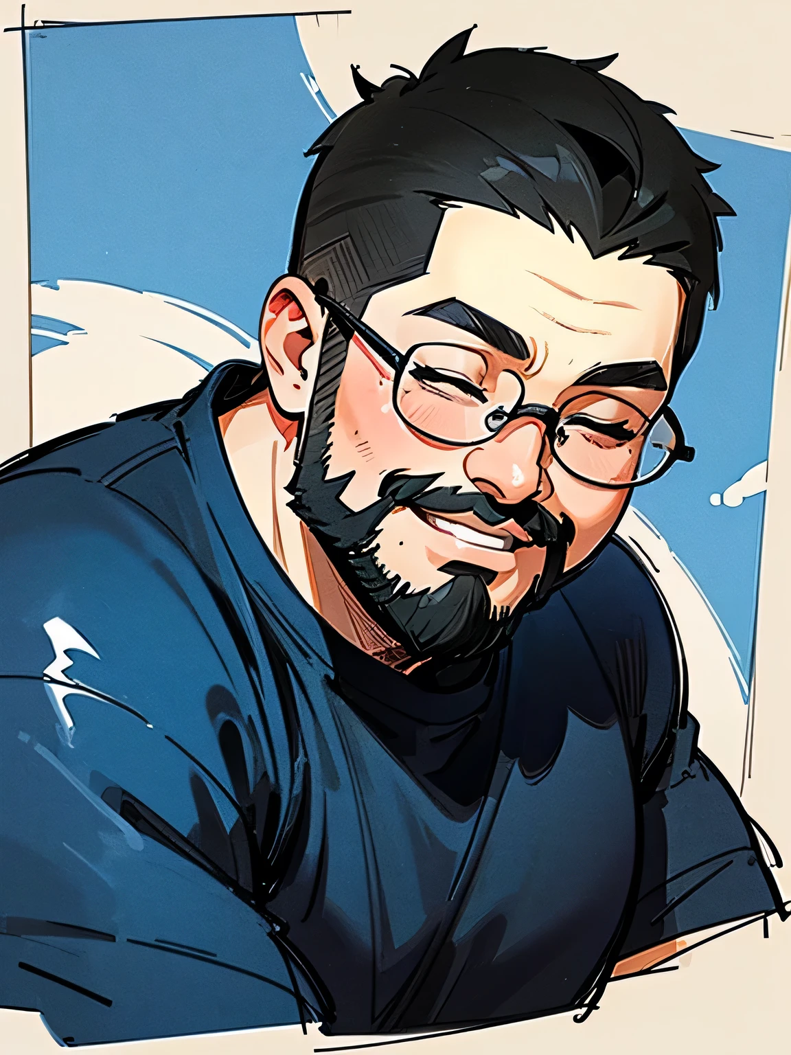 Alone,upperbody,Tall fat geek with glasses ,Very short crew cut ,big forehead, with sideburns connected to full beard,closed eyes smile,Fat body,Wearing a bulging jacket ,I'm wearing a black t-shirt,Dark blue jeans,( manga style),(sketch),( illustration),