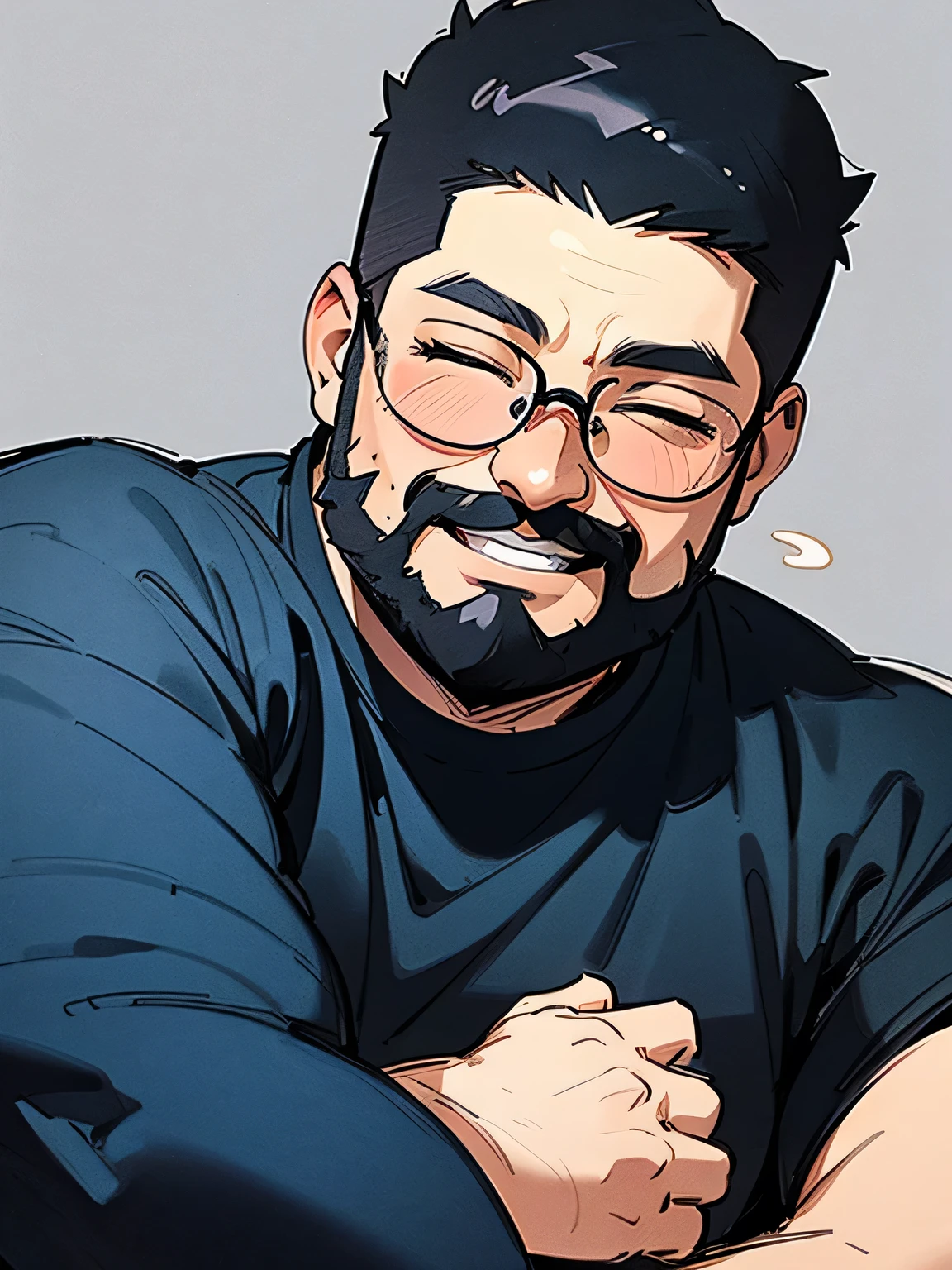 Alone,upperbody,Tall fat geek with glasses ,Very short crew cut ,big forehead, with sideburns connected to full beard,closed eyes smile,Fat body,Wearing a bulging jacket ,I'm wearing a black t-shirt,Dark blue jeans,( manga style),(sketch),( illustration),