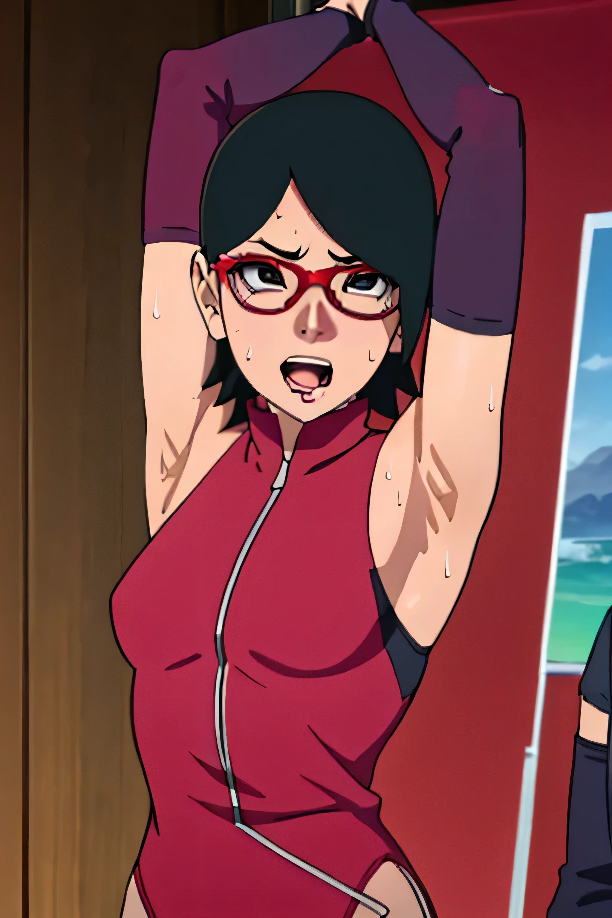 Sarada Uchiha,human woman with fair skin. She is a r with black eyes and red clothing. Her hair is black in color; She is beautiful.Wearing red rimmed glasses.Tsundere face. Pink eye shading,mature appearance,armpits,sweat,sweaty,sweaty armpits,arms up,showing armpits,awesome armpits,outfit,blackish red arm warmers,maroon arm bands,maroon arm warmers,showing tongue,tongue out