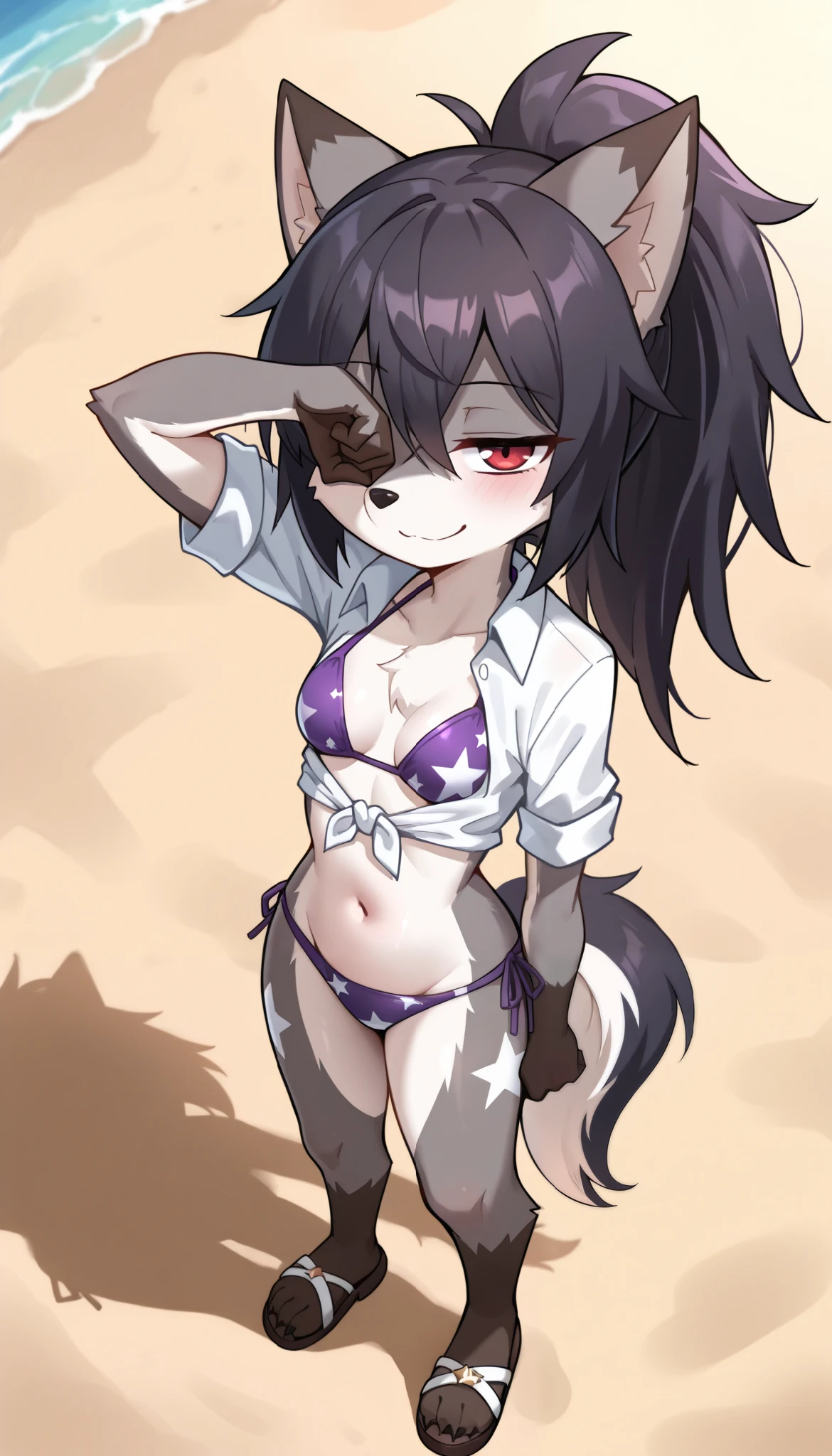 furry girl, wolf, black hair, punk hairstyle, huge long spiky ponytail, anime style, small breasts, red eyes, ((deep red bikini ruffled triangle, high cut bottom, star necklace, beach sarong with stars on hips)), high quality, detailed body, detailed eyes, detailed face, masterpiece, glistening body, detailed body fur, best quality, two tone body, gray fur, clear gray fur, perfect lighting, perfect shadows, perfect eyes, perfect hair, perfect face, gorgeous body, skinny, solo, :3, laying on beach towel, dakimakura design, body pillow,