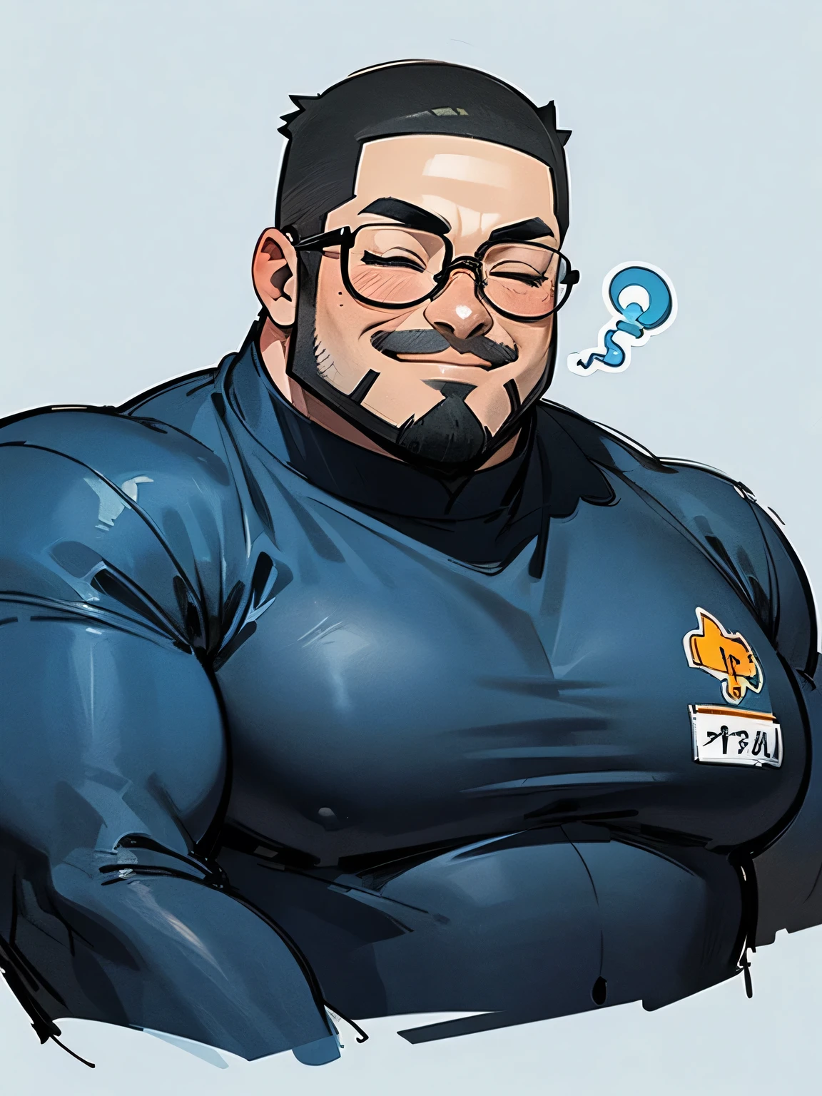 front view,Alone,upperbody,Tall fat geek with glasses , very short bald head ,big forehead, sideburns and a full beard are connected,closed eyes smile,Fat body,Wearing a bulging jacket ,The outline of a gorilla ,I'm wearing a black t-shirt,Dark blue jeans,( manga style),(sketch),( illustration),