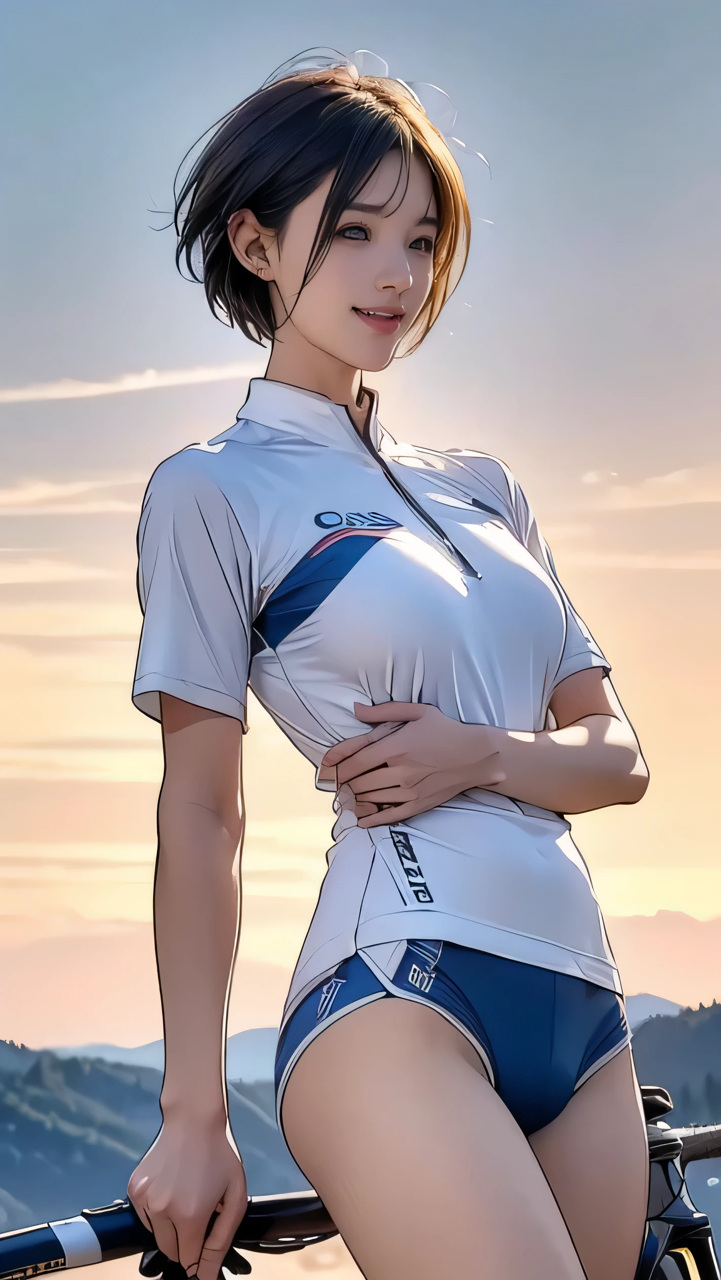 highest quality、Realistic、female、zoom、Chestnut Hair、Blue Eyes、short hair、athlete、White polo shirt、White pleated skirt、athlete、muscle、Abdominal muscles、Glasses、Sunburned、Tan、Brown Skin、From below、smile、Looking down、、Small breasts、Bust Shot、　