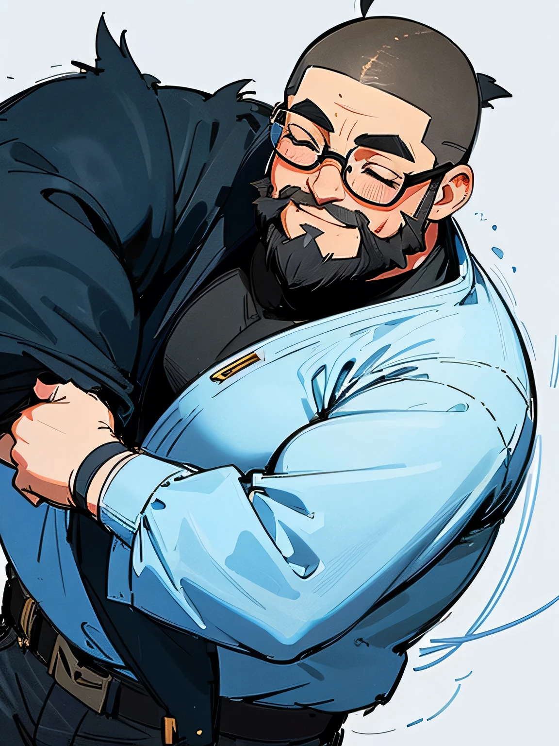 front view,Alone,upperbody,Tall fat geek with glasses , very short bald head ,big forehead, sideburns and a full beard are connected,closed eyes smile,Fat body,Wearing a bulging jacket ,The outline of a gorilla ,I'm wearing a black t-shirt,Dark blue jeans,( manga style),(sketch),( illustration),