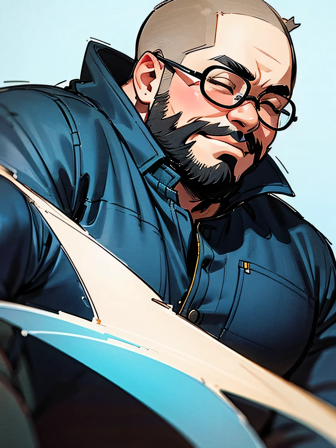 front view,Alone,upperbody,Tall fat geek with glasses , very short bald head ,big forehead, sideburns and a full beard are connected,closed eyes smile,Fat body,Wearing a bulging jacket ,The outline of a gorilla ,I'm wearing a black t-shirt,Dark blue jeans,( manga style),(sketch),( illustration),