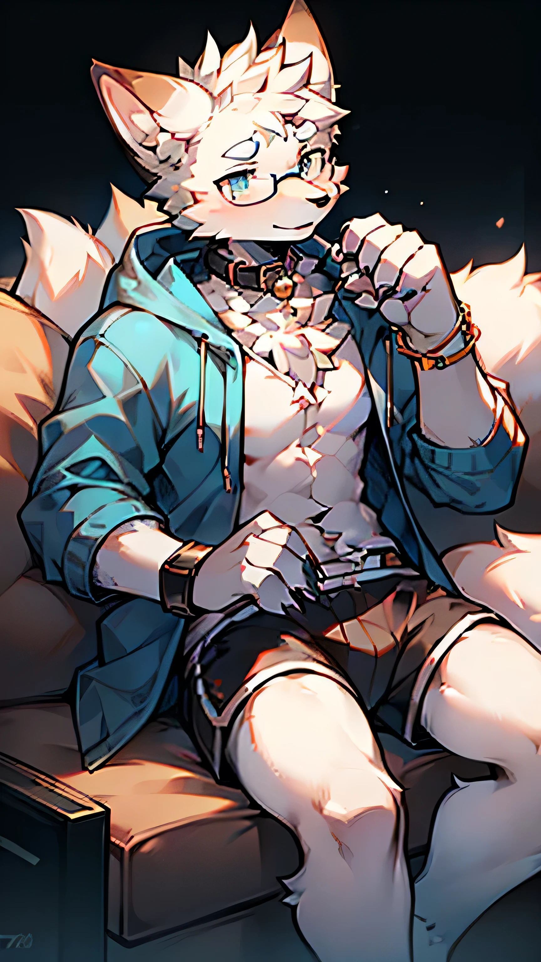 1 boy, Wolf,young people，Black fur，Topless，Heterochromia，Briefs，blush