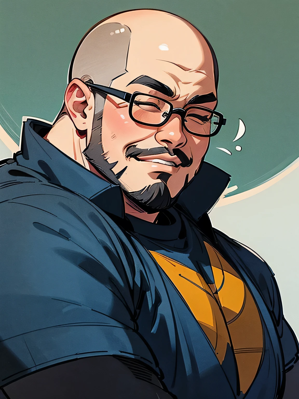 front view,Alone,upperbody,Tall fat geek with glasses , very short bald head ,big forehead, sideburns and a full beard are connected,closed eyes smile,Fat body,Wearing a bulging jacket ,The outline of a gorilla ,I'm wearing a black t-shirt,Dark blue jeans,( manga style),(sketch),( illustration),