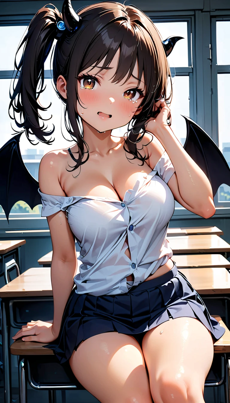 (goblin slayer!), (throw_hand, pink vibrator remote switch in throw_hand, throw:1.2), Highest quality, Super detailed, masterpiece, Ultra-high resolution, 8K, Ridiculous, Cowboy Shooting, Blurred, Focus on the girl, Embarrassing, blush, Lovely, Open your mouth, What saliva leaves behind, Wet skirt hem, (Sticky panties:1.1), Bulging of the vibrator cord, Vibrator with Garters, [1girl, eishin flash \(umamusume\), umamusume], (cleavage), Classroom Background, The skirt is accidentally exposed,(large breasts), (crop top navel), (waist line), Accidentally exposed panties