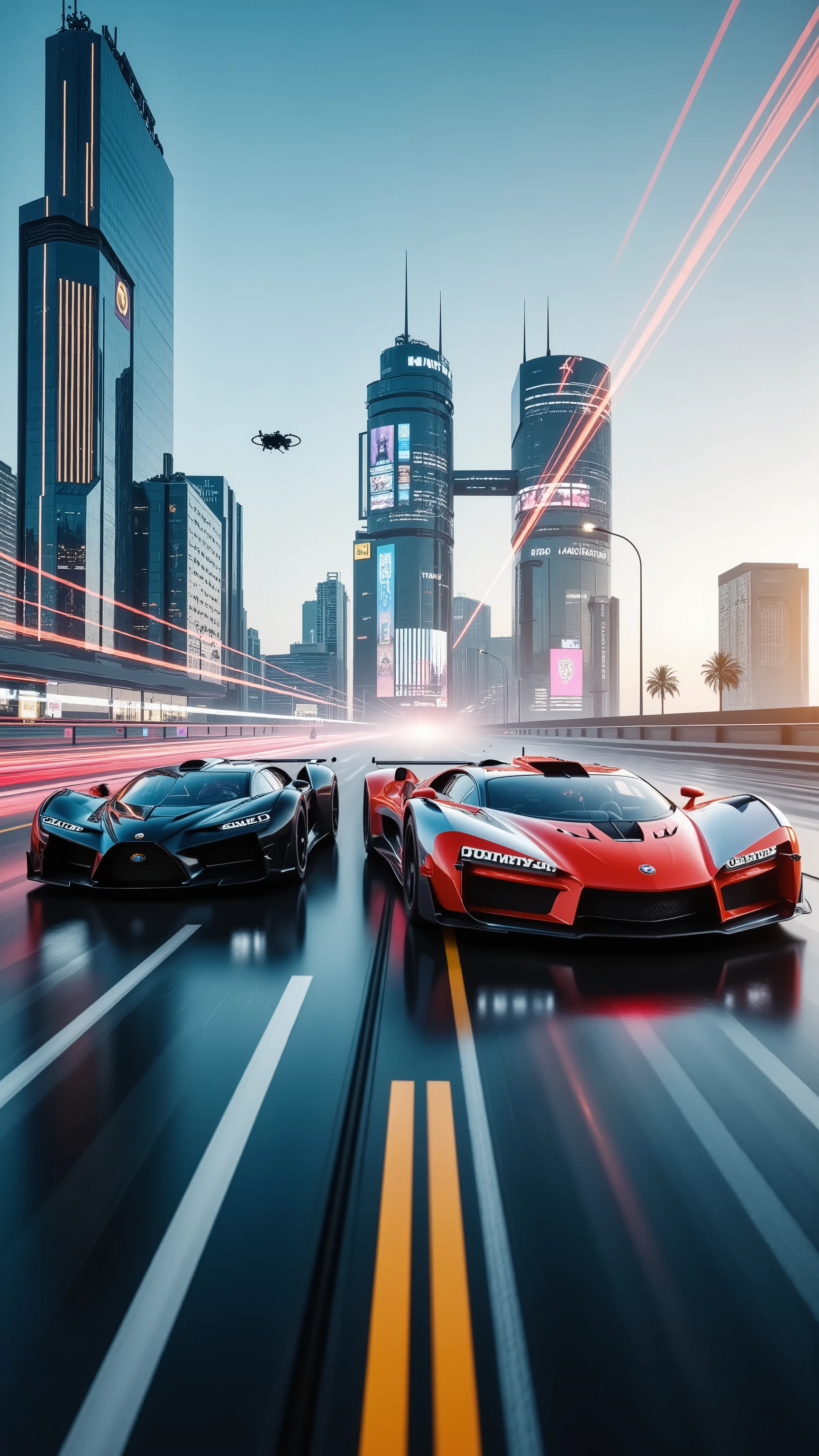 (best quality,4k,8k,highres,masterpiece:1.2), photorealistic,photo-realistic:1.37),highly detailed, futuristic metropolis.Super high skyscrapers with media screens covering the structures instead of windows. 2 hover vehicles, one super reflective black, and one bright glossu red and silver flying high and low leave trails of color and light behind as they chase each other. Speed lines. Motion lines. Hover bikes follow close while dodging drones that litter the crystal clear sky. 3D, realism, cinematic photography, cinematic lighting, cinematic portrait, portrait photography, cinematography, full focus, UHDR, hyperrealistic, visually disorienting, portrait photography, surrealism, etheral, cyberpunk cityscape, futurism, highest quality, masterpiece.