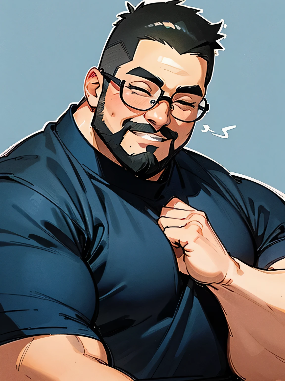 front view,Alone,upperbody,Tall fat geek with glasses ,very short black bald head,big forehead, sideburns and a full beard are connected,closed eyes smile,Fat body,Wearing a bulging jacket ,The outline of a gorilla ,I'm wearing a black t-shirt,Dark blue jeans,( manga style),(sketch),( illustration),