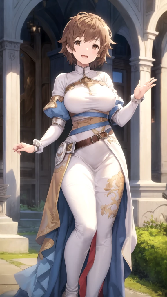 A woman with short pixie cut black hair, (gold eyes:1.1). Wearing a (tight white wedding dress) with (purple trim), purple ribbons, cowboy hat. Show her standing next to a shadowy pond. (Detailed eyes, detailed face), long eyelashes, sly smile