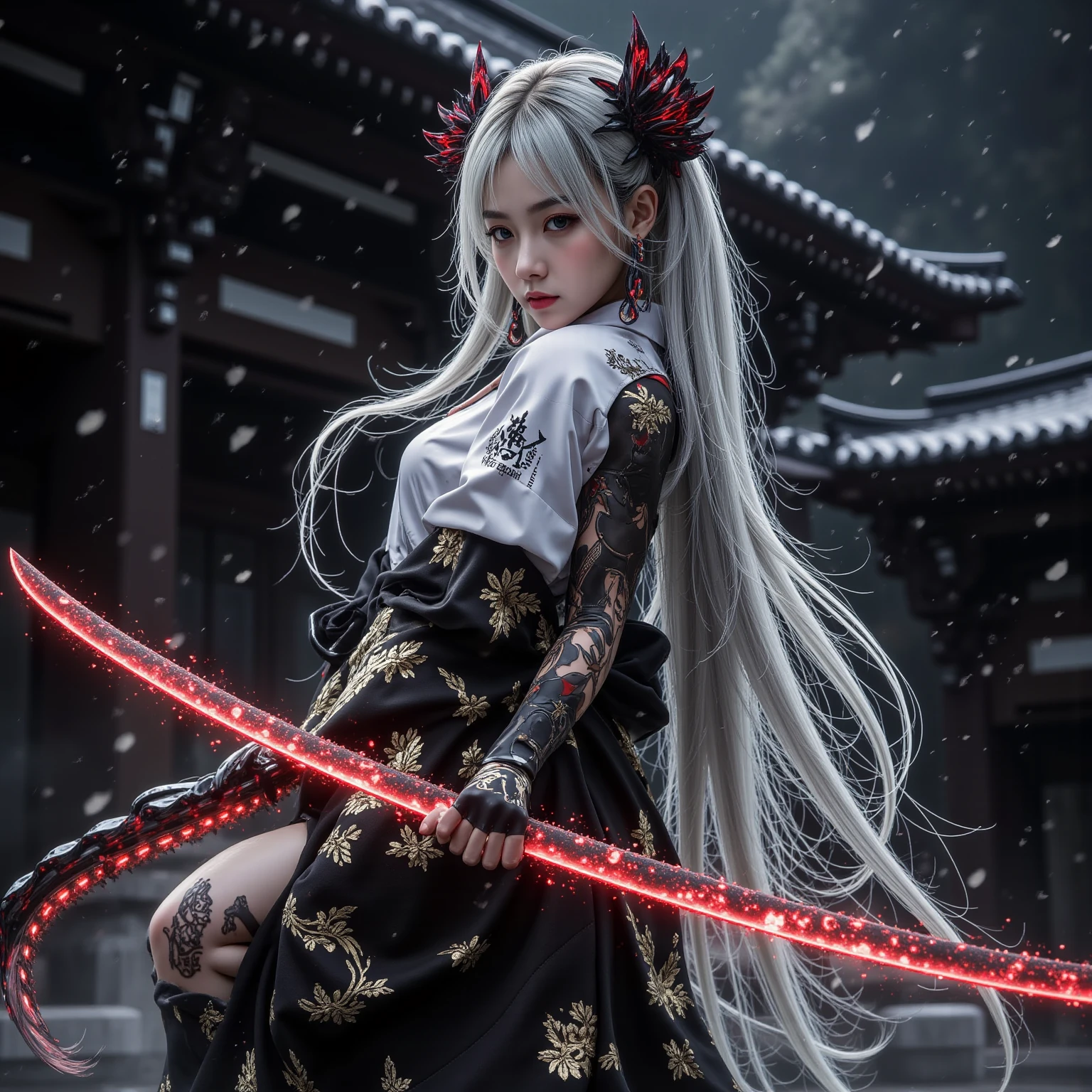 (masterpiece, best quality, CG:1.2), breathtaking schoolgirl, (long silver hair:1.1), piercing blue eyes, (samurai school uniform:1.2), crimson obi, (gleaming silver katana:1.3), pouring rain, wet streets of Tokyo, (shimmering reflections:1.2), blurred city lights, towering skyscrapers, (futuristic neon signs:1.1), misty atmosphere, (umbrella with dragon motif:1.2), fierce expression, dynamic stance, mid-swing, splashing water, intense action, moody color palette, epic battle scene, cinematic angle, looking at viewer.