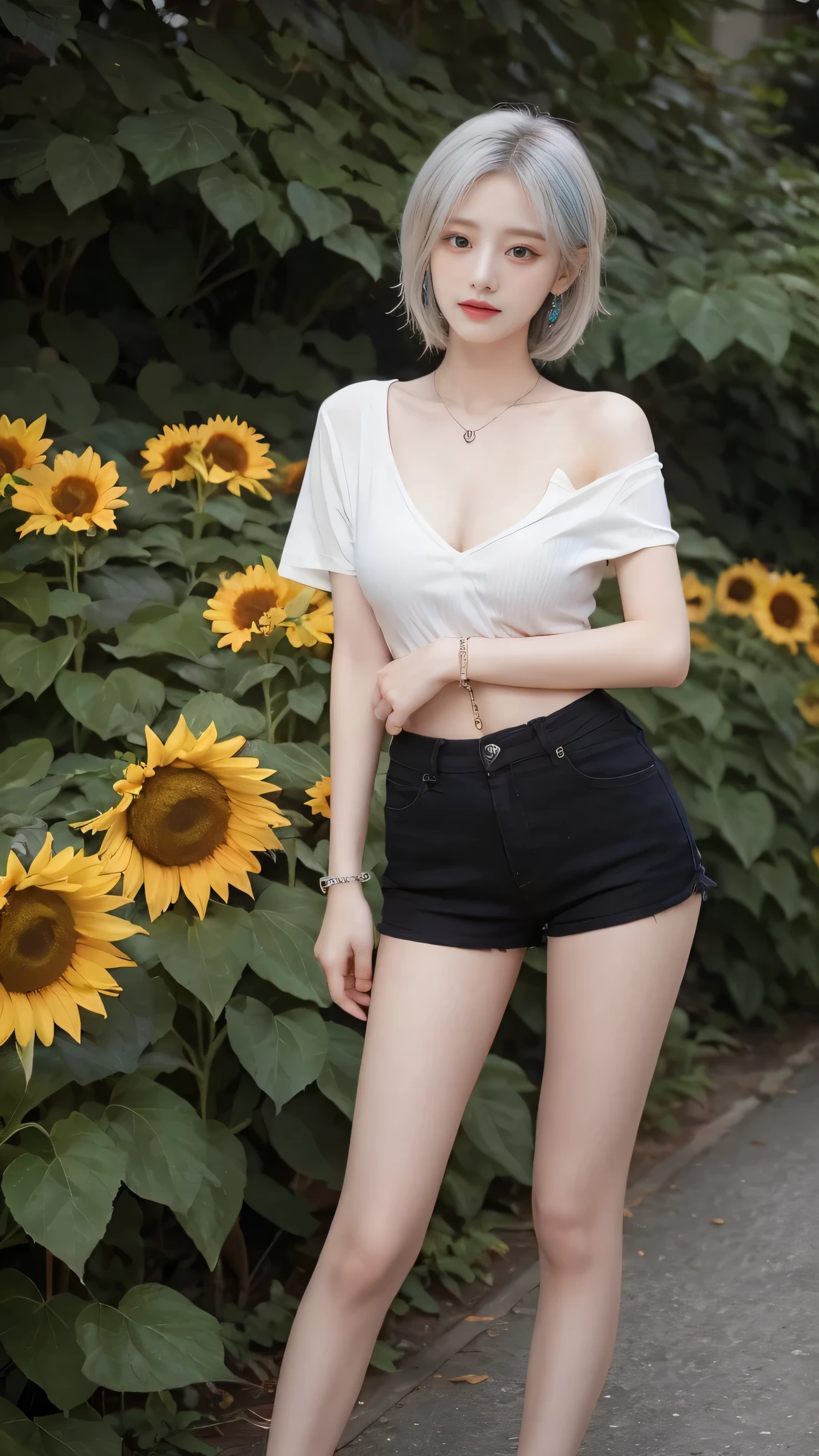  maximum resolution,  Very detailed,  1 girl,  Looking at the viewer , bob,  white hair,  rainbow hair , Multicolored hair,  chest ,  Dark Makeup, wail, Seductive expression, Aperture F4.0,  Full Character Design, Sunflower Stripe T-Shirt, shorts, Sneakers ,Slim legs,outdoor,Sunflower Garden ,Standing Posture Post, Body Movement , sexy,necklace,earring,bracelet,