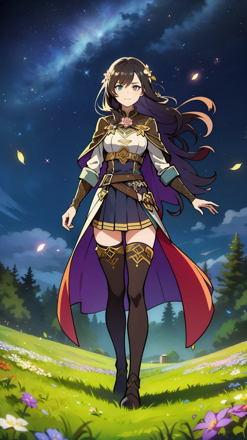 (high-quality, breathtaking),(expressive eyes, perfect face) portrait, 1girl, female, solo, young , black hair, pink eye color, long hair length, soft wavy hair, gentle smile, loose hair, side bangs, looking at viewer, portrait, full shot, happy expression, ribbon in hair, flower in hair, fantasy clothing, elegant, mature, height 4"3, adventurer attire, druid attire, warlock profession, short height, Dungeons & Dragons character, jacket, dress, cape, Firefly Honkai Star Rail Character, flower petals, Firefly, starry sky, dawn in the distance, shooting stars, backgroound, flower field, scenary, cloudy sky, grass, trees, flower petals, leafs, white flower, field, blue flower, standing in field of flowers, boots, black thigh socks, druid, plant muse