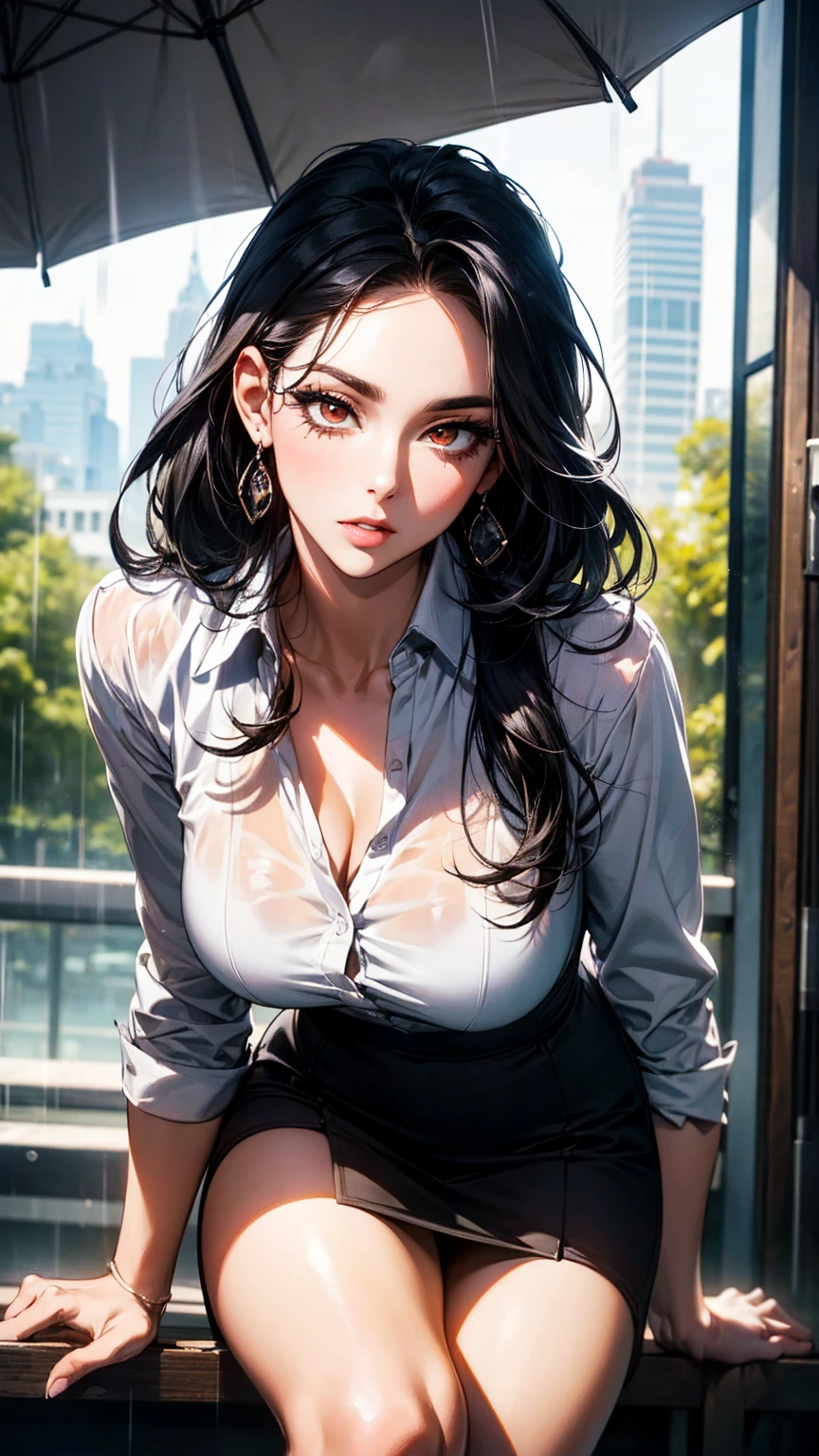 A woman, 30 years old, Mature, Super textured hair, Extra long wavy hair, Single ear front hair, Nice face, Super detailed eyes, Grow eye hair, shining pupils, Charming eyes, Beautiful and delicate lips, seductive smile, A light blush, Very detailed face, Extra detailed body, High quality real skin texture, (Advanced semi-transparent chiffon office clothing design), white collared shirt, black skirt, Lace trim at hem, Revealing black underwear, barefoot, sultry look, seductive,