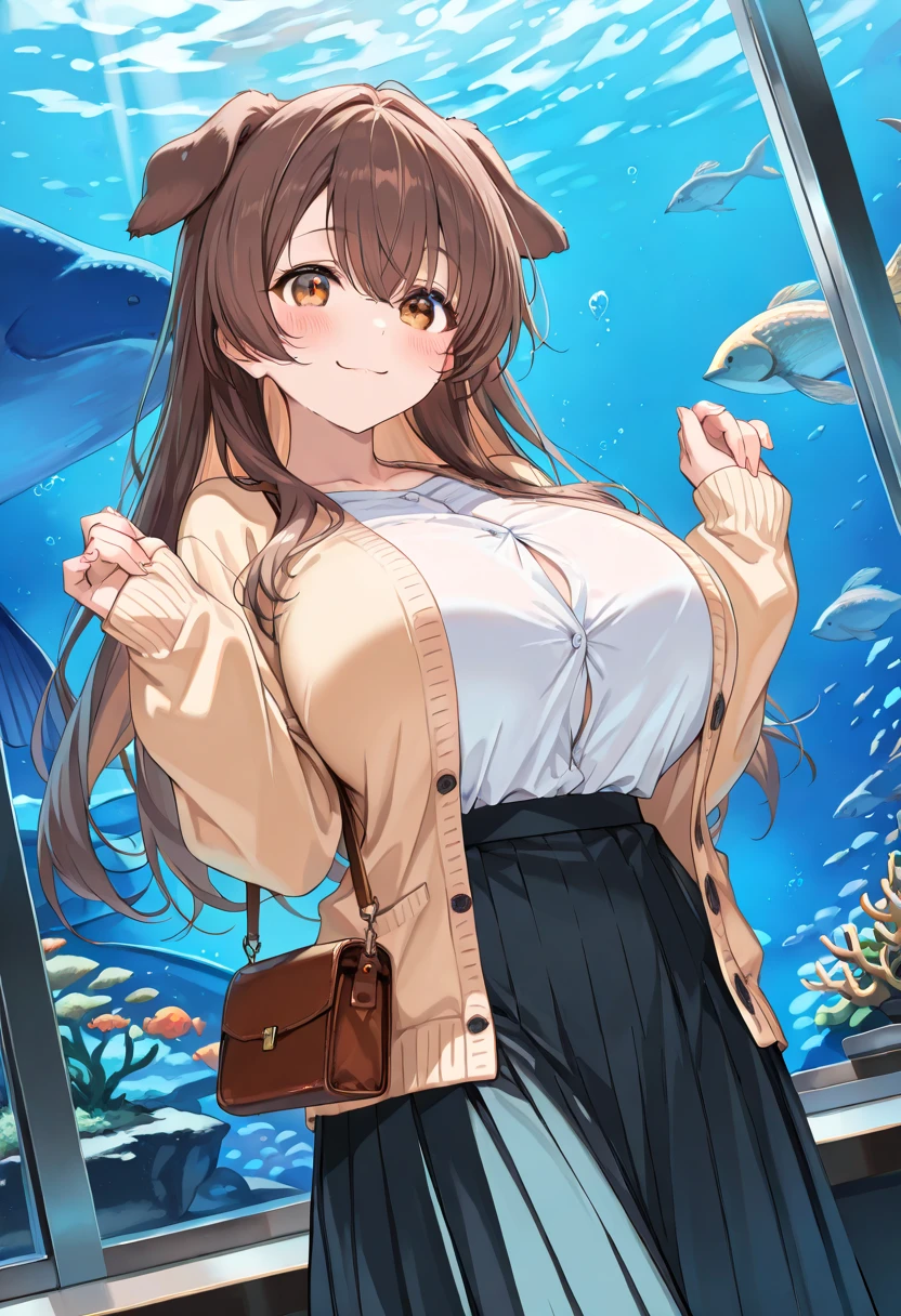 (1) A woman is squatting on both knees、pink panties are visible.
(2) Women have long brown hair.
(3) The woman is wearing a white V-neck knit, black miniskirt and long boots.
(4) The woman's expression is a smile.
(5) Cleavage in women is visible.
(6) The place is an aquarium.