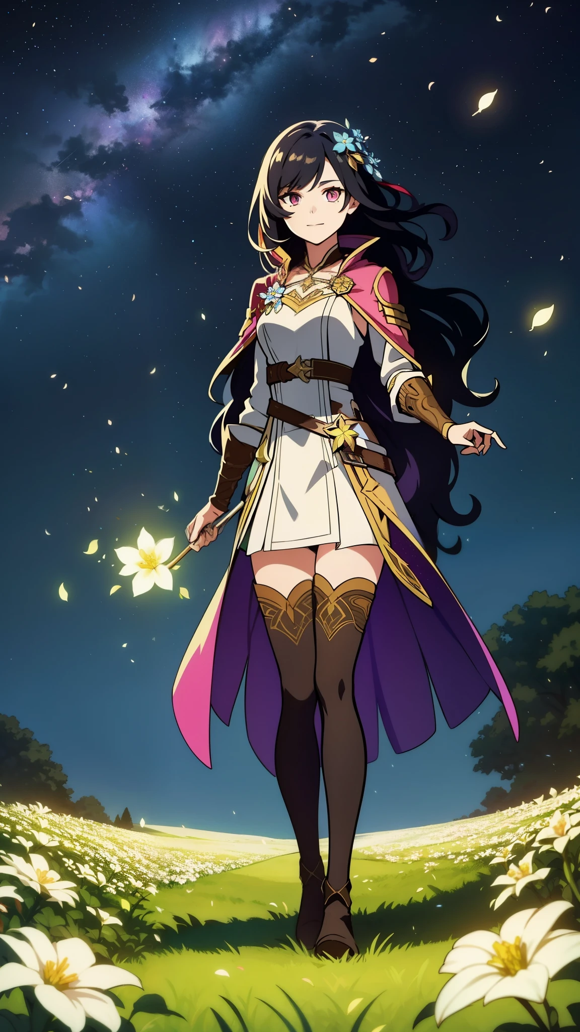 (high-quality, breathtaking),(expressive eyes, perfect face) portrait, 1girl, female, solo, young , black hair, pink eye color, long hair length, soft wavy hair, gentle smile, loose hair, side bangs, looking at viewer, portrait, full shot, happy expression, ribbon in hair, flower in hair, fantasy clothing, elegant, mature, height 4"3, adventurer attire, druid attire, warlock profession, short height, Dungeons & Dragons character, jacket, dress, cape, Firefly Honkai Star Rail Character, flower petals, Firefly, starry sky, dawn in the distance, shooting stars, backgroound, flower field, scenary, cloudy sky, grass, trees, flower petals, leafs, white flower, field, blue flower, standing in field of flowers, boots, black thigh socks, druid, plant muse