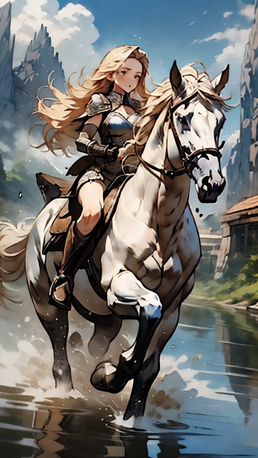 score_9, score_8_up, score_7_up, score_6_up, source_anime, BREAK (masterpiece:1.3), (8K, best quality:1.3), Highest image quality, intricate details, high resolution, depth field, Natural light, professional lighting, BREAK riding, horse, (((a young woman wearing in adventurer clothes riding her horse across the river)), ([naviard, blonde hair, blue eyes, long hair, drill hair, cleavage, medium breast, wet]), (dress, miniskirt, breastplate, cleavage, gauntlet, gloves, bare legs, greaves )), BREAK ([white horse, saddle, reins, bridle, running]), solo, (on the river, mountainside, fantasy settings:1), water splash, both hand holding rein, from side: 1, FULL BODY, anatomically correct