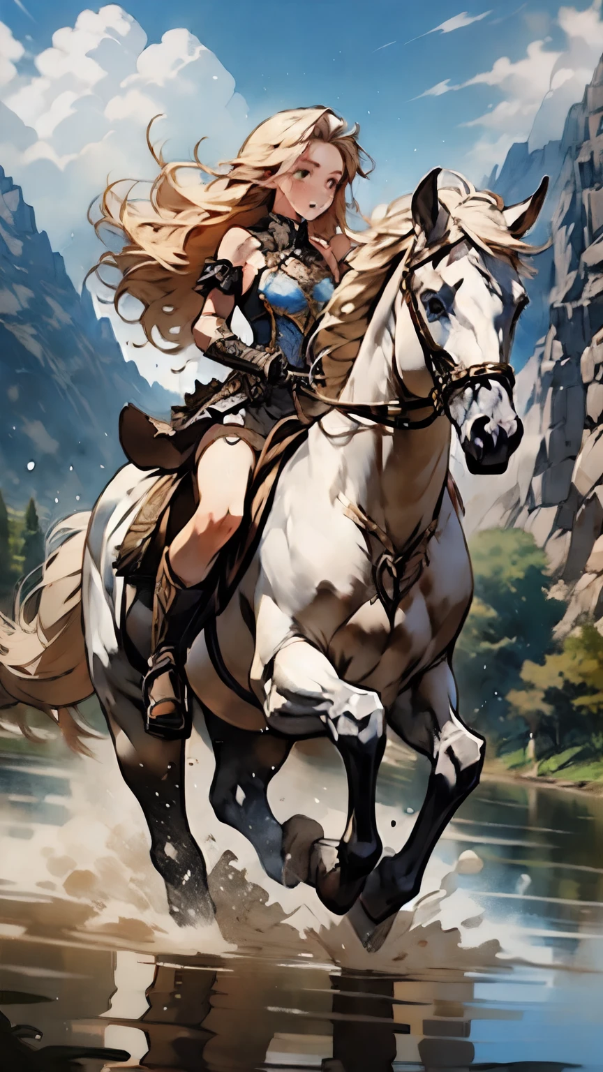 score_9, score_8_up, score_7_up, score_6_up, source_anime, BREAK (masterpiece:1.3), (8K, best quality:1.3), Highest image quality, intricate details, high resolution, depth field, Natural light, professional lighting, BREAK riding, horse, (((a young woman wearing in adventurer clothes riding her horse across the river)), ([naviard, blonde hair, blue eyes, long hair, drill hair, cleavage, medium breast, wet]), (dress, miniskirt, breastplate, cleavage, gauntlet, gloves, bare legs, greaves )), BREAK ([white horse, saddle, reins, bridle, running]), solo, (on the river, mountainside, fantasy settings:1), water splash, both hand holding rein, from side: 1, FULL BODY, anatomically correct