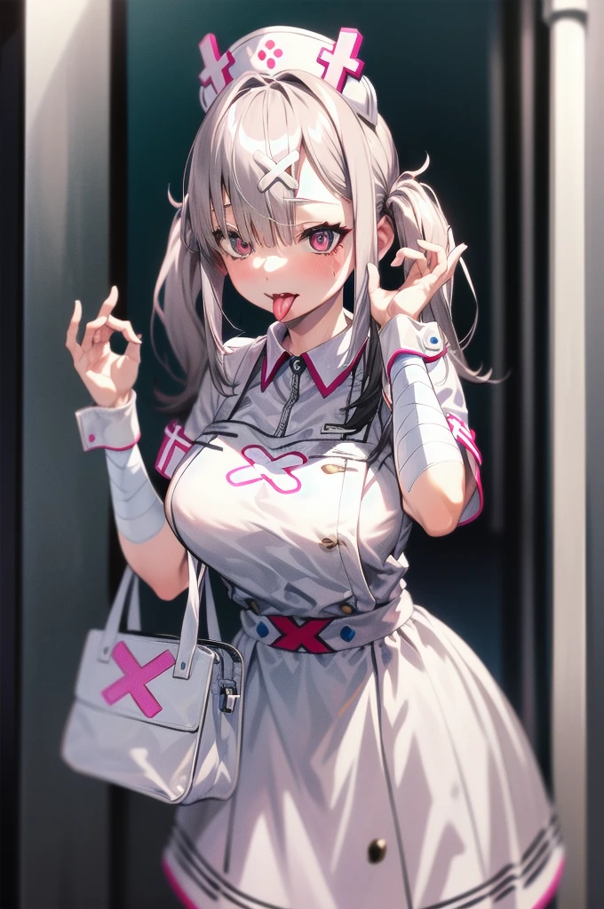 One person、sk1、White handbag、White apron、Short sleeve、nurse、 arm bandage、Wrist cuffs、 white dress、tooth、 Shy Expression 、Big Breasts、 lean forward、Stick out your red tongue、